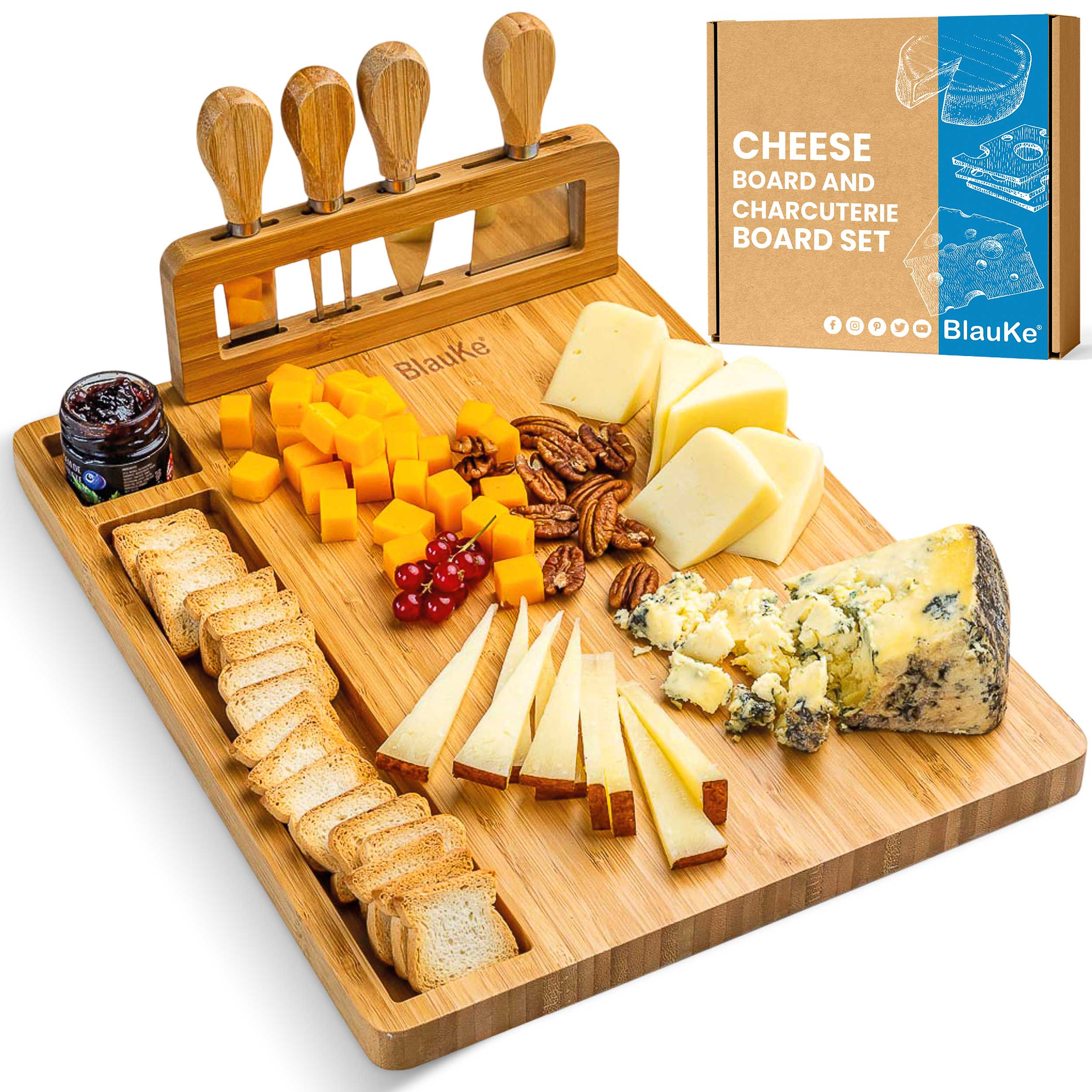 Bamboo Cheese Board and Knife Set - 14x11 inch Charcuterie Board with 4 Cheese Knives - Wood Serving Tray