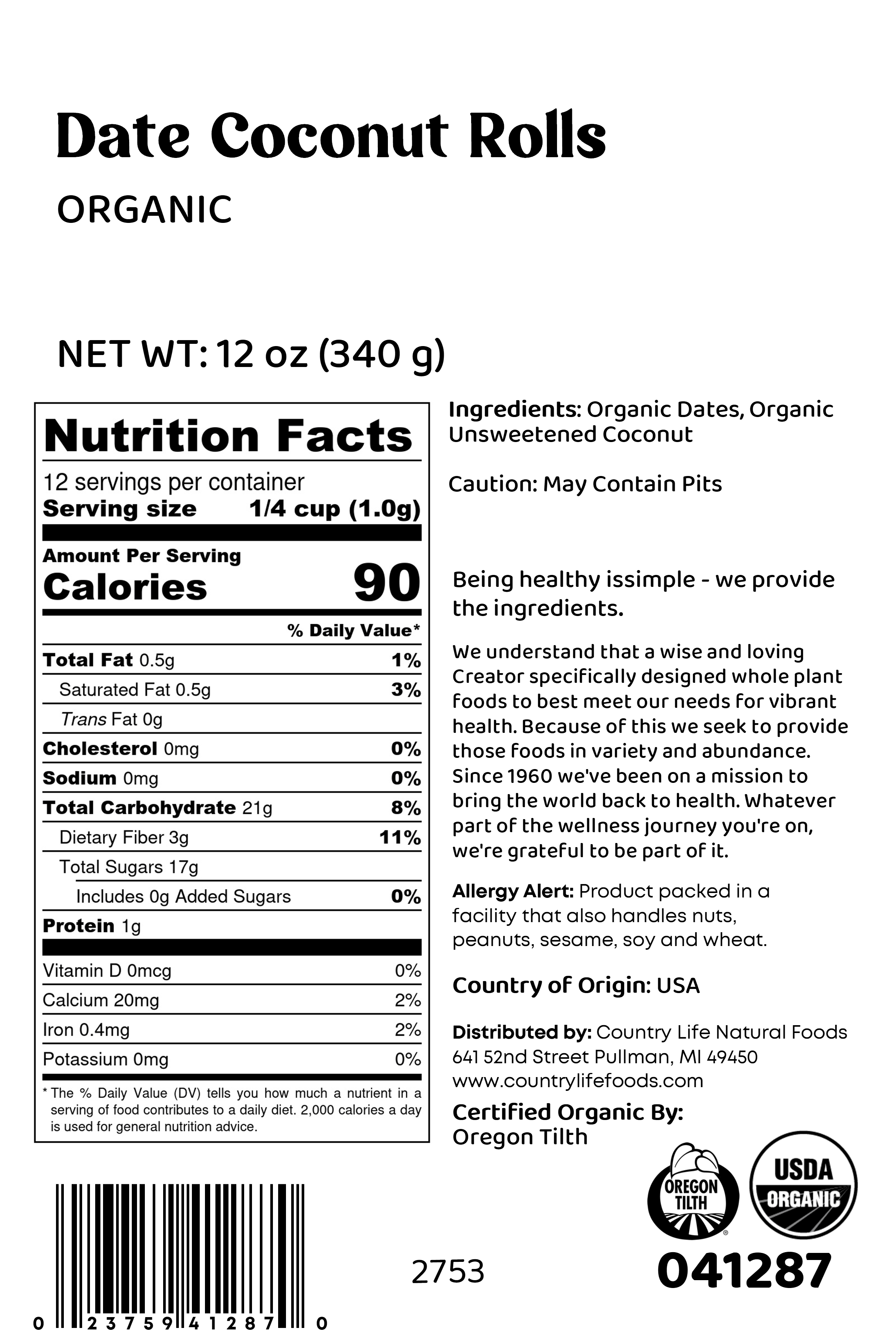 Date Coconut Roll, Organic