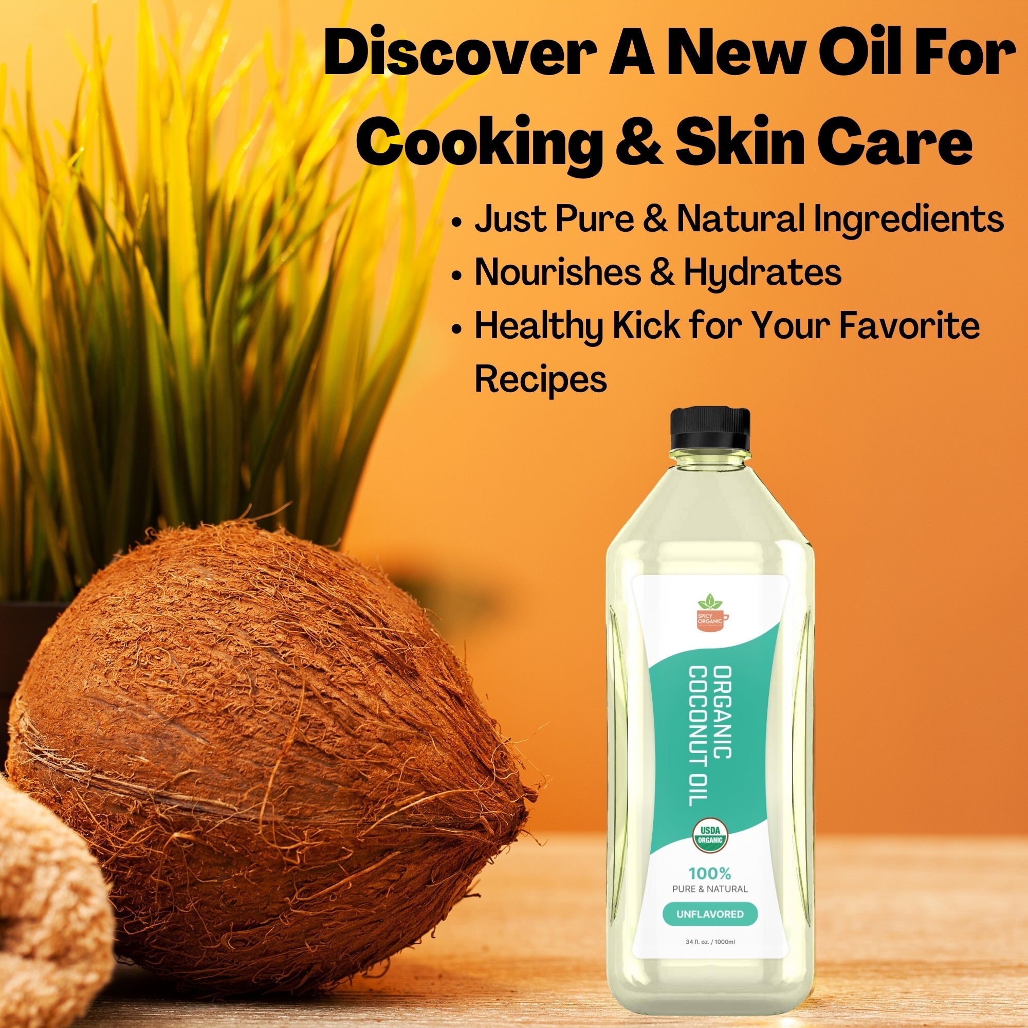 Organic Coconut Oil – USDA Certified Organic Cooking Oil, 34 fl oz