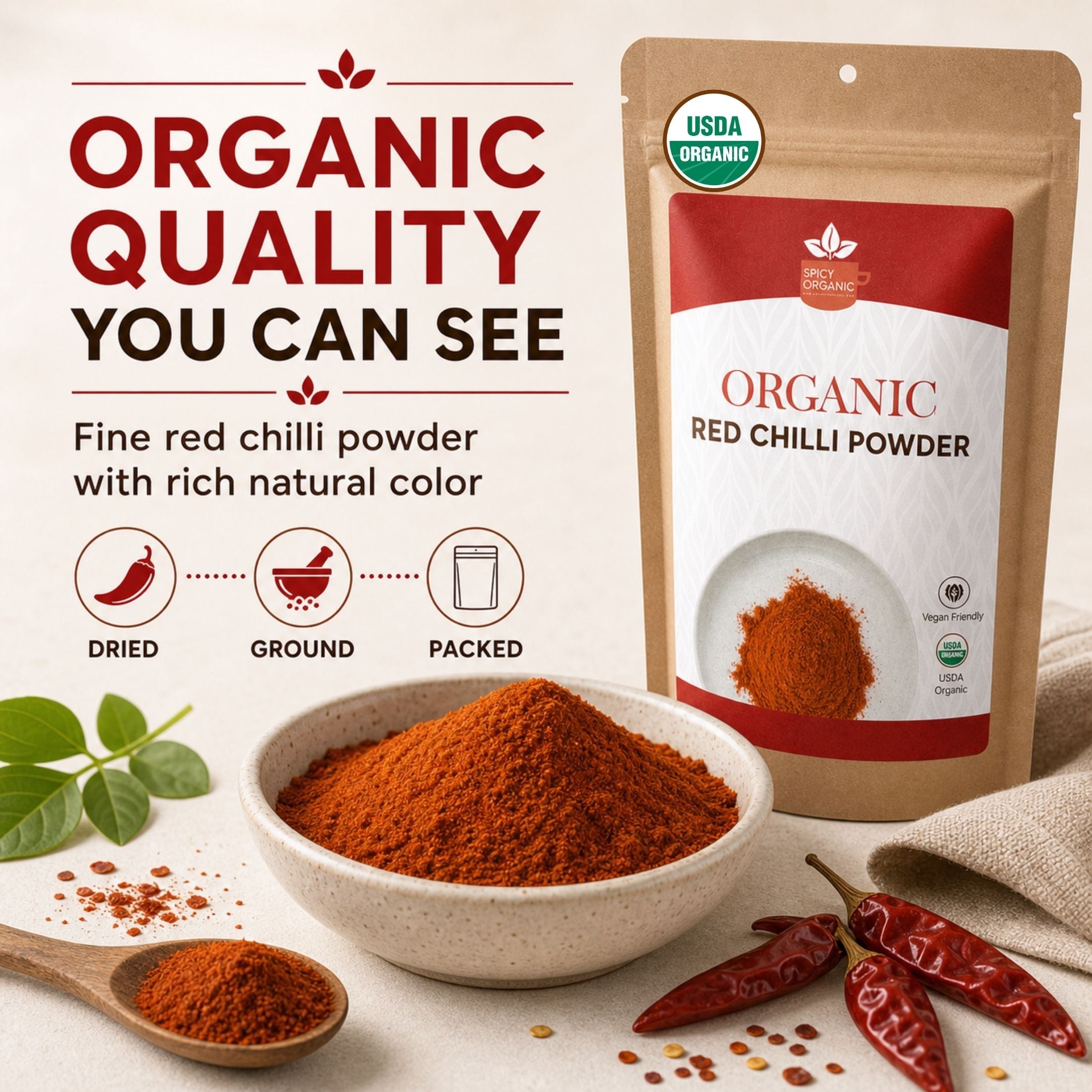 Organic Red Chili Powder — USDA Certified, Non-GMO | Curries, Marinades & Spice Blends
