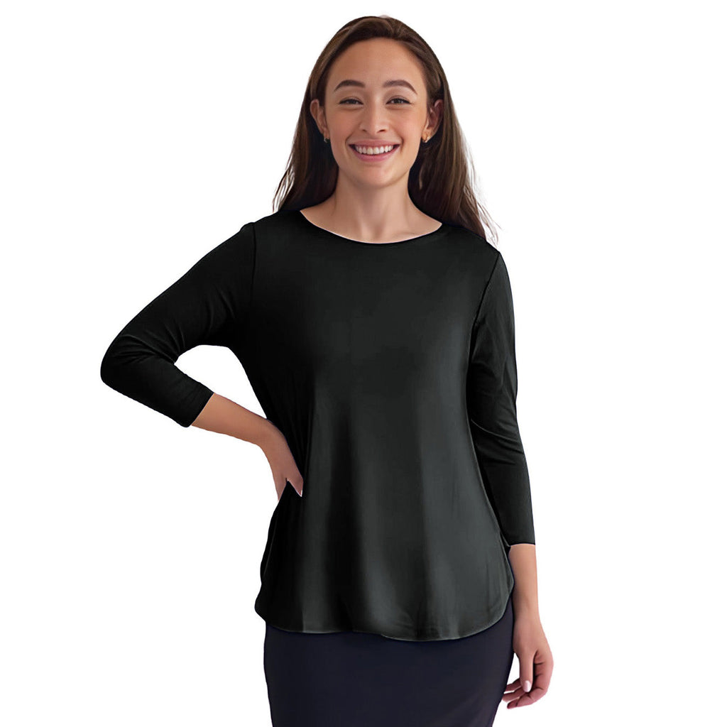 Curved Side Hem Tunic with 3/4 Sleeves and Modest Crew Neckline