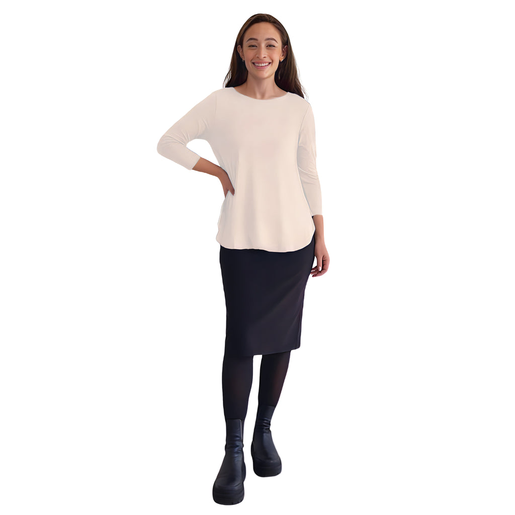 Curved Side Hem Tunic with 3/4 Sleeves and Modest Crew Neckline