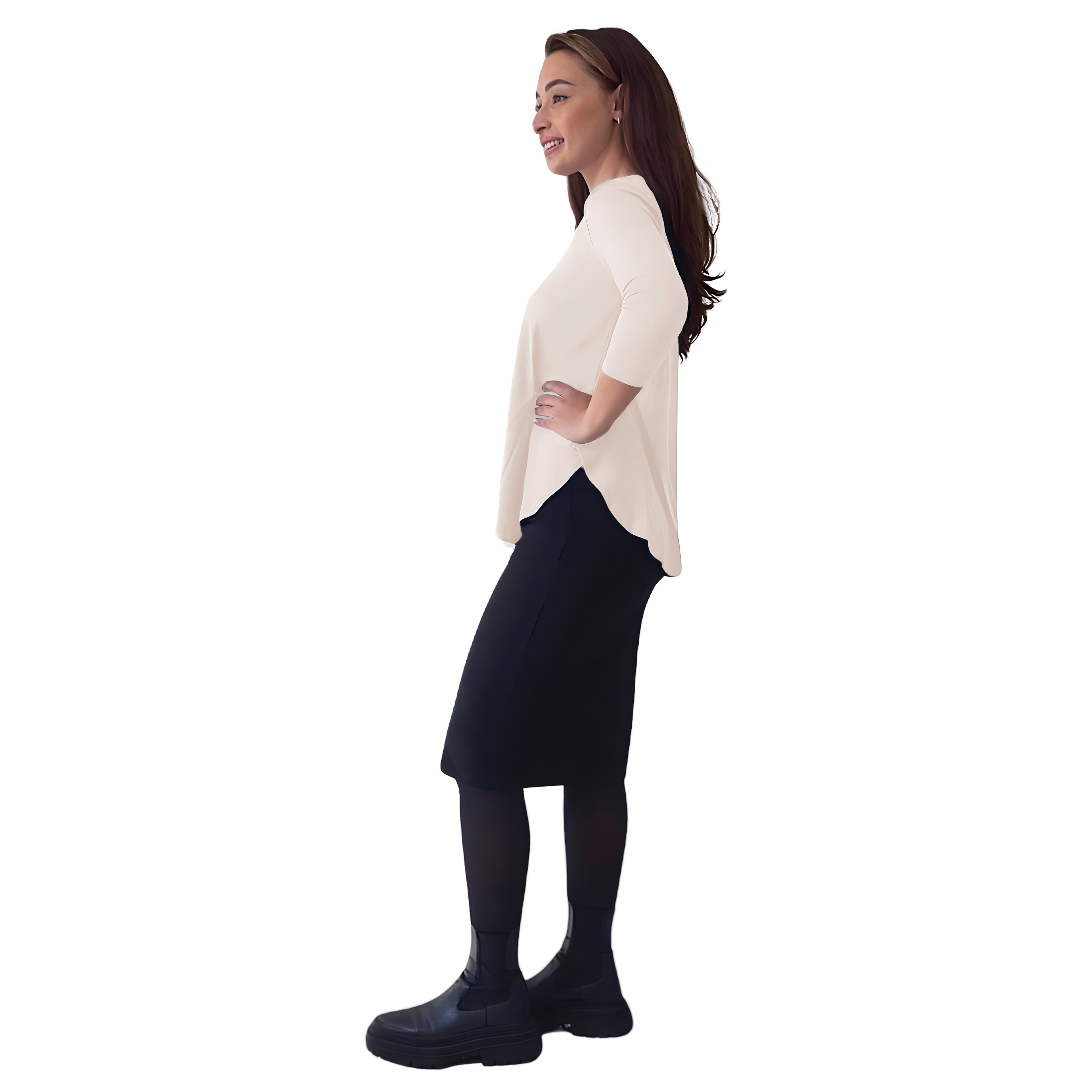 Curved Side Hem Tunic with 3/4 Sleeves and Modest Crew Neckline