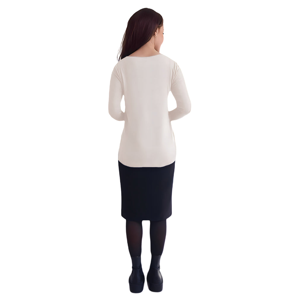 Curved Side Hem Tunic with 3/4 Sleeves and Modest Crew Neckline