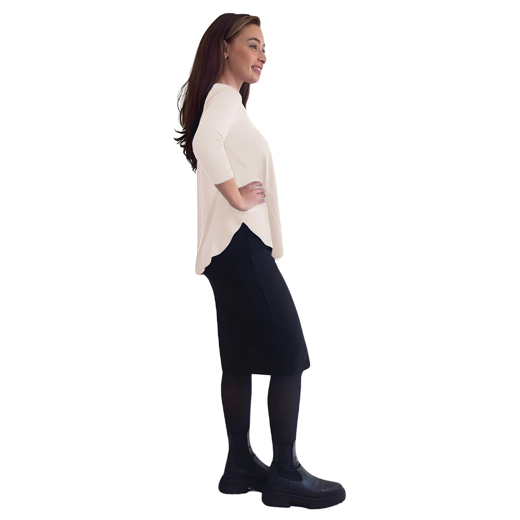 Curved Side Hem Tunic with 3/4 Sleeves and Modest Crew Neckline