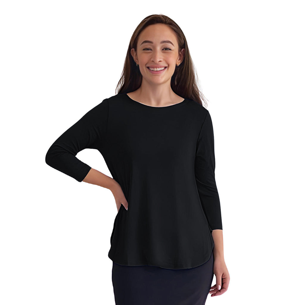 Curved Side Hem Tunic with 3/4 Sleeves and Modest Crew Neckline