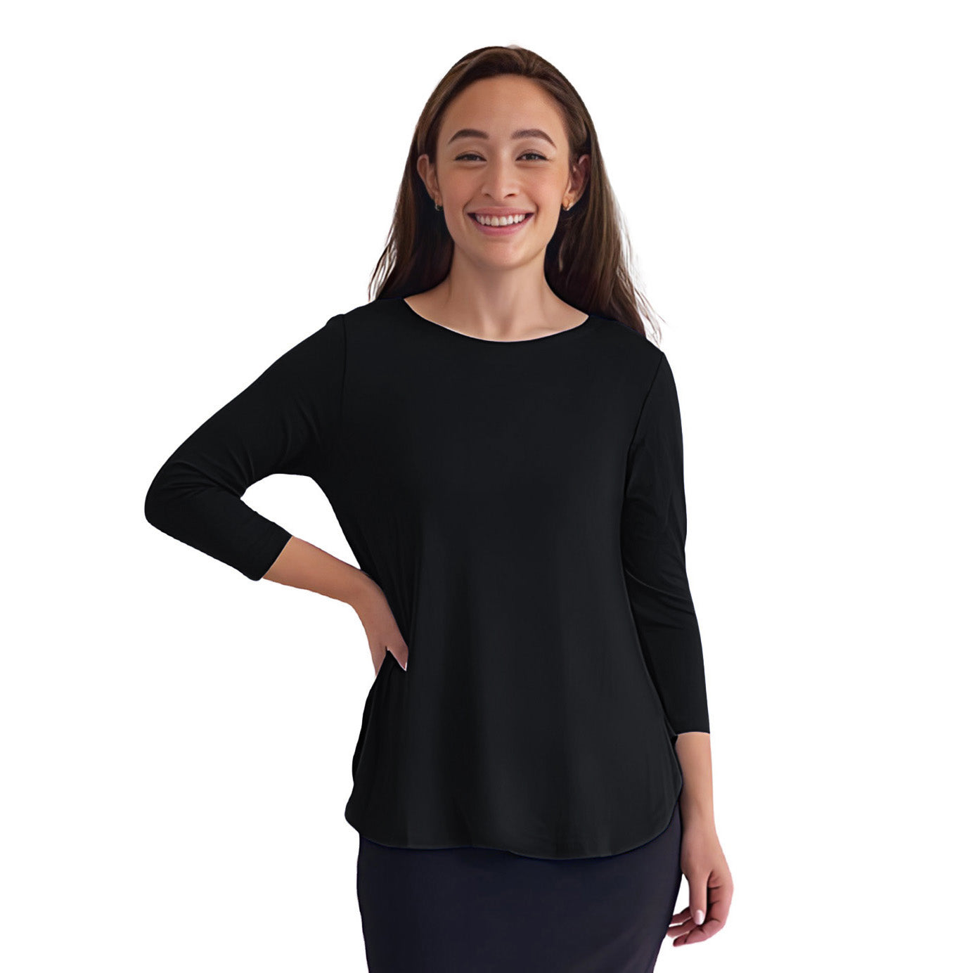 Curved Side Hem Tunic with 3/4 Sleeves and Modest Crew Neckline