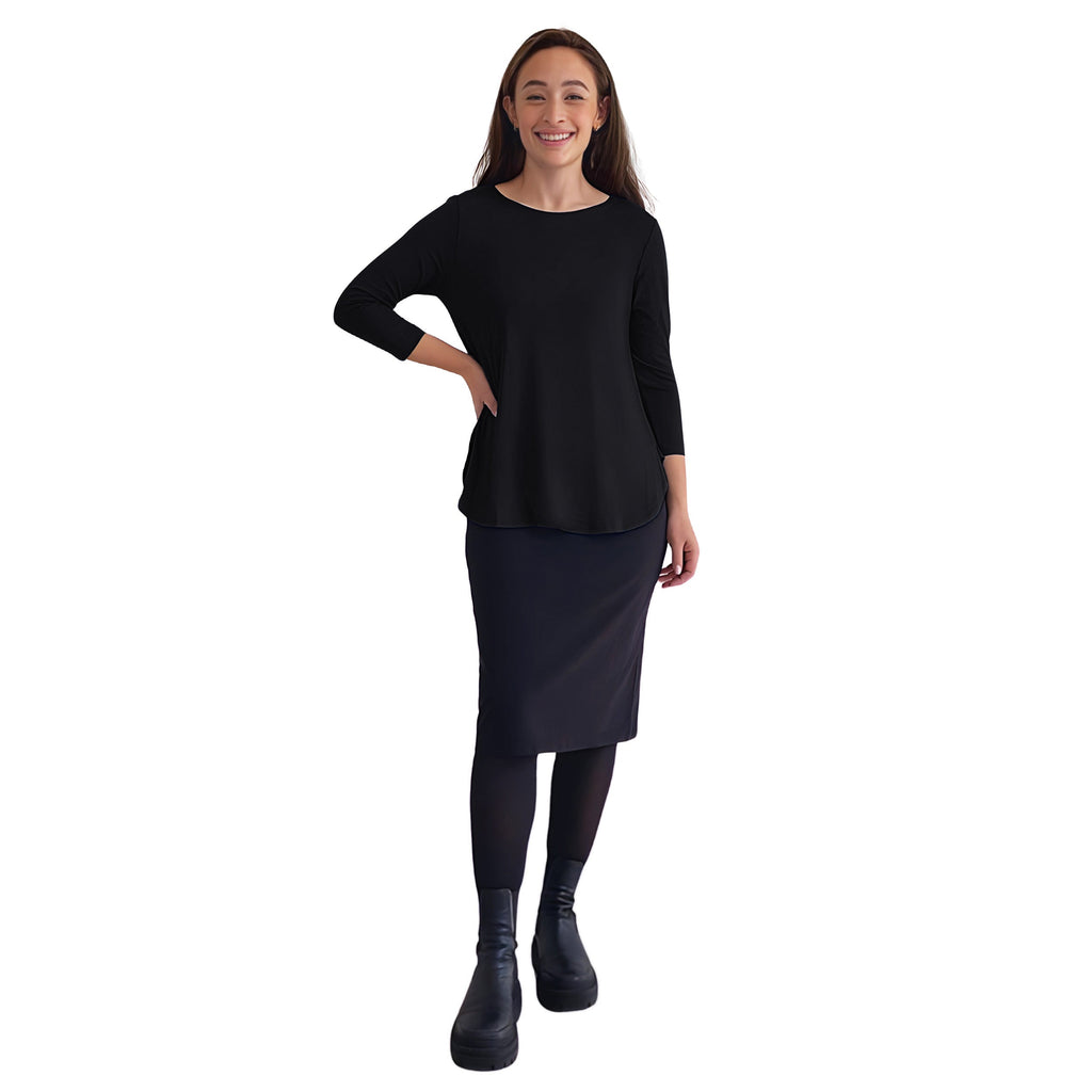 Curved Side Hem Tunic with 3/4 Sleeves and Modest Crew Neckline