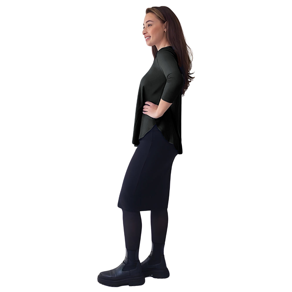 Curved Side Hem Tunic with 3/4 Sleeves and Modest Crew Neckline