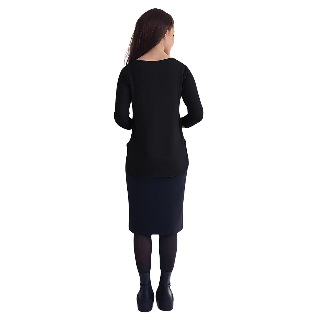 Curved Side Hem Tunic with 3/4 Sleeves and Modest Crew Neckline