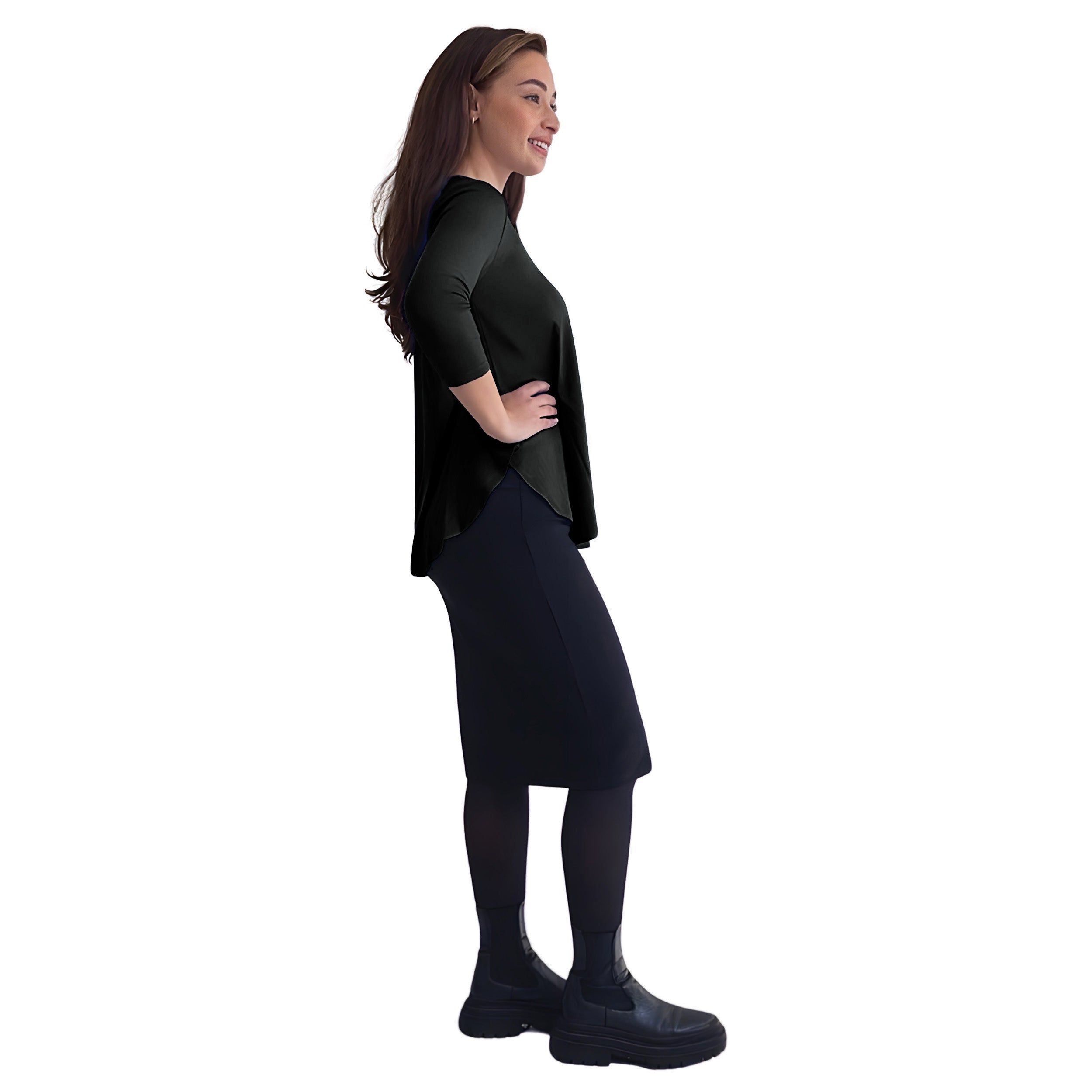 Curved Side Hem Tunic with 3/4 Sleeves and Modest Crew Neckline