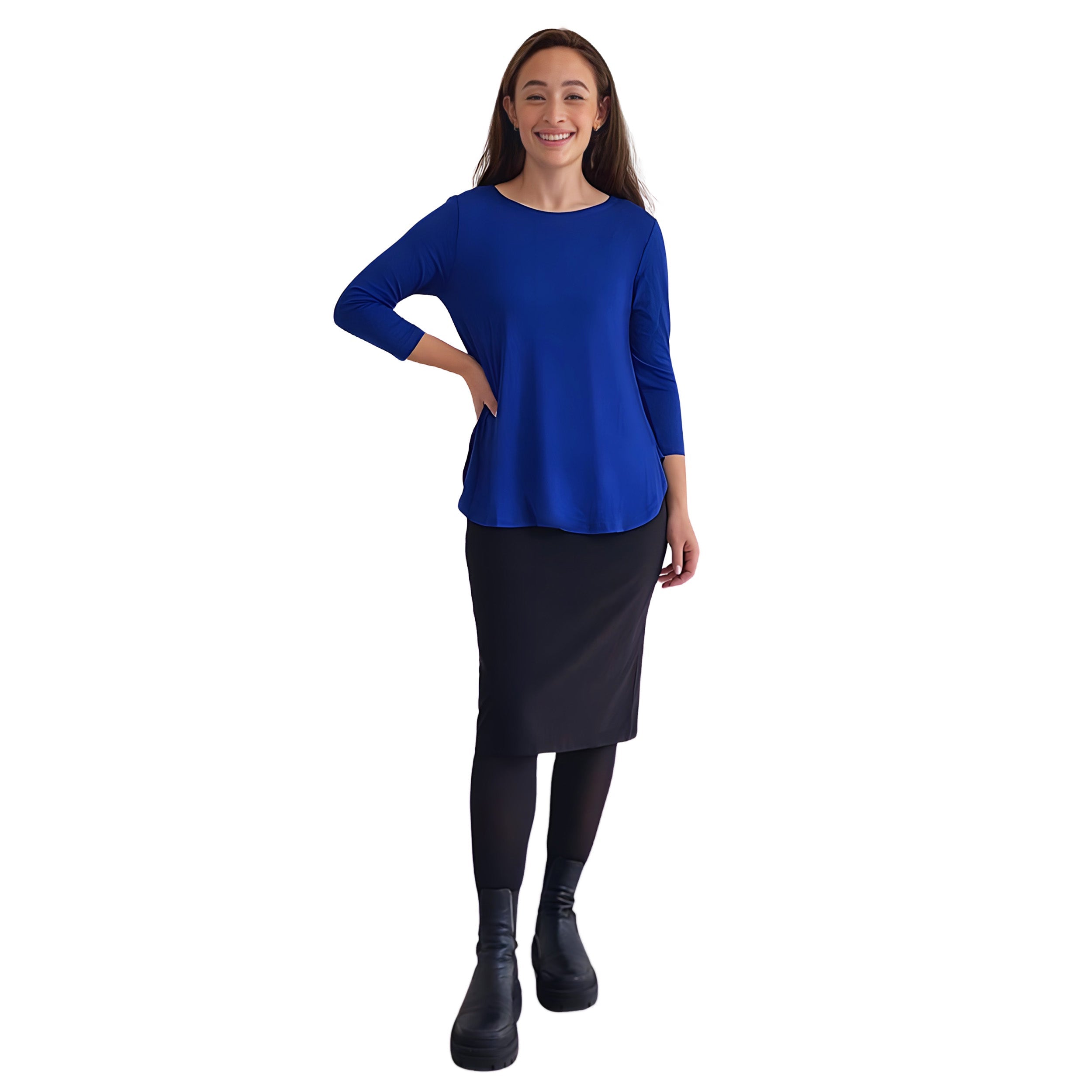 Curved Side Hem Tunic with 3/4 Sleeves and Modest Crew Neckline