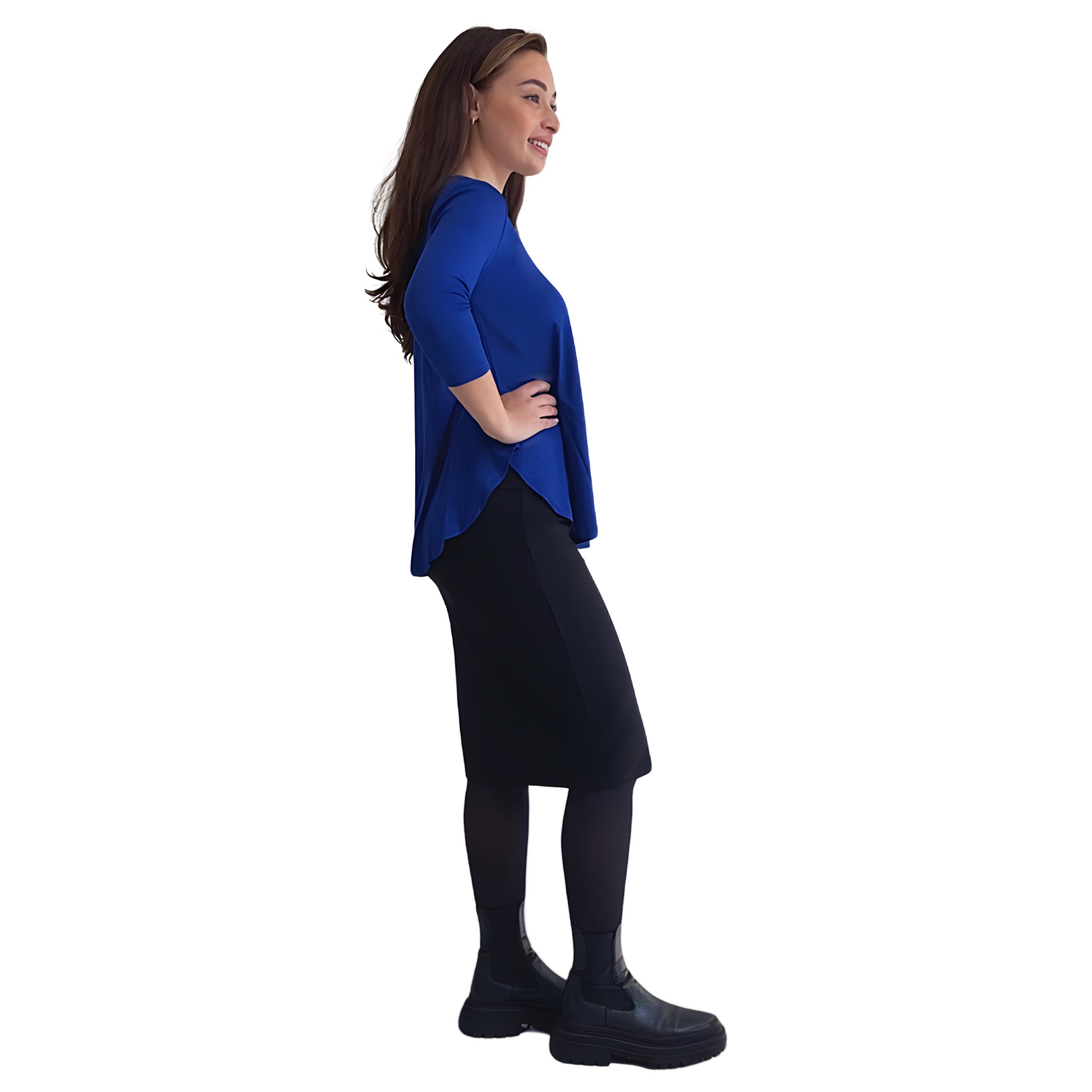 Curved Side Hem Tunic with 3/4 Sleeves and Modest Crew Neckline