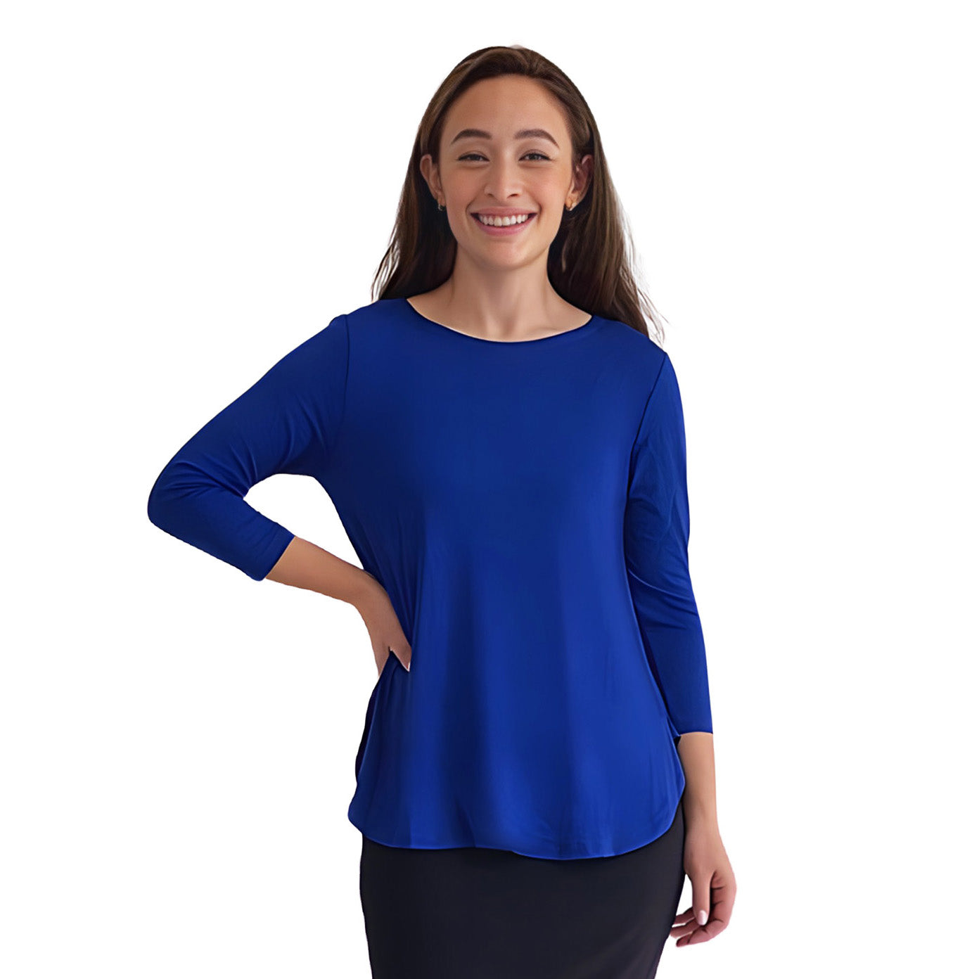 Curved Side Hem Tunic with 3/4 Sleeves and Modest Crew Neckline