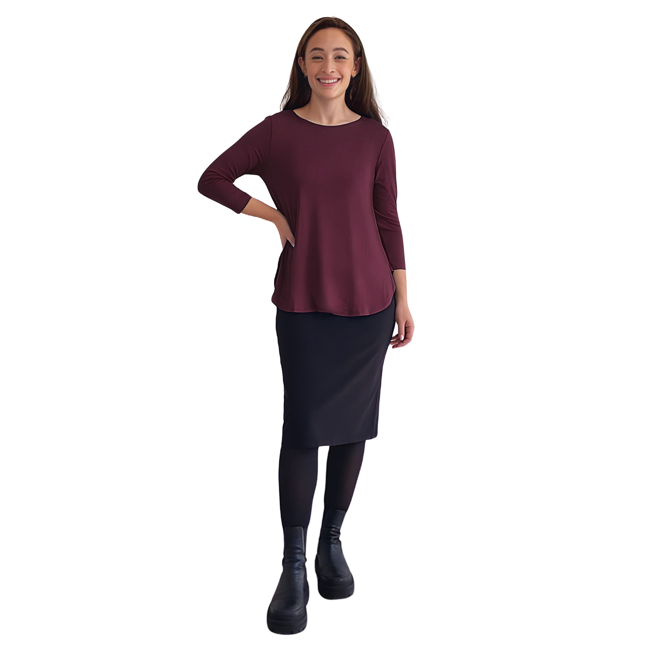 Curved Side Hem Tunic with 3/4 Sleeves and Modest Crew Neckline
