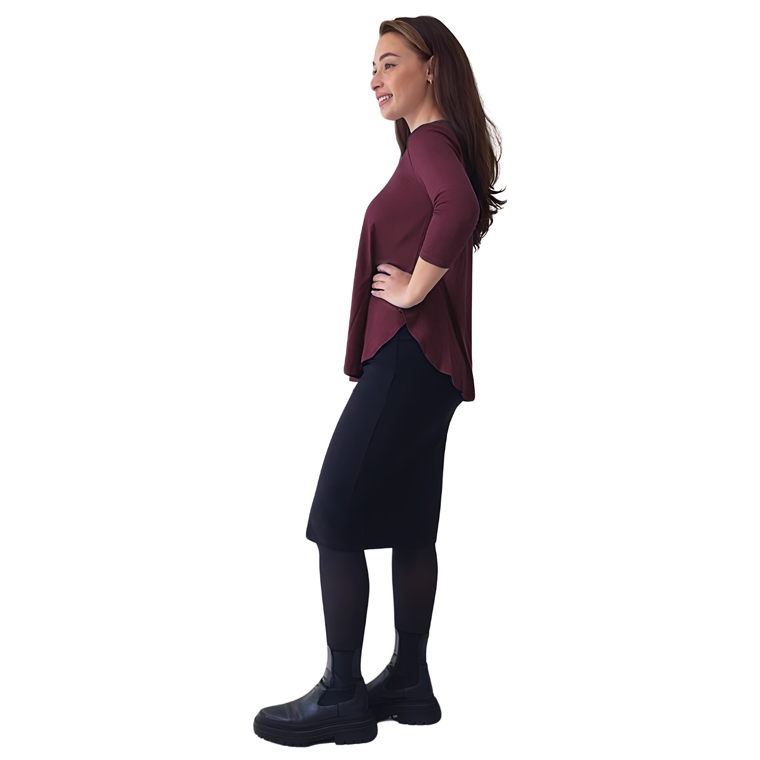 Curved Side Hem Tunic with 3/4 Sleeves and Modest Crew Neckline