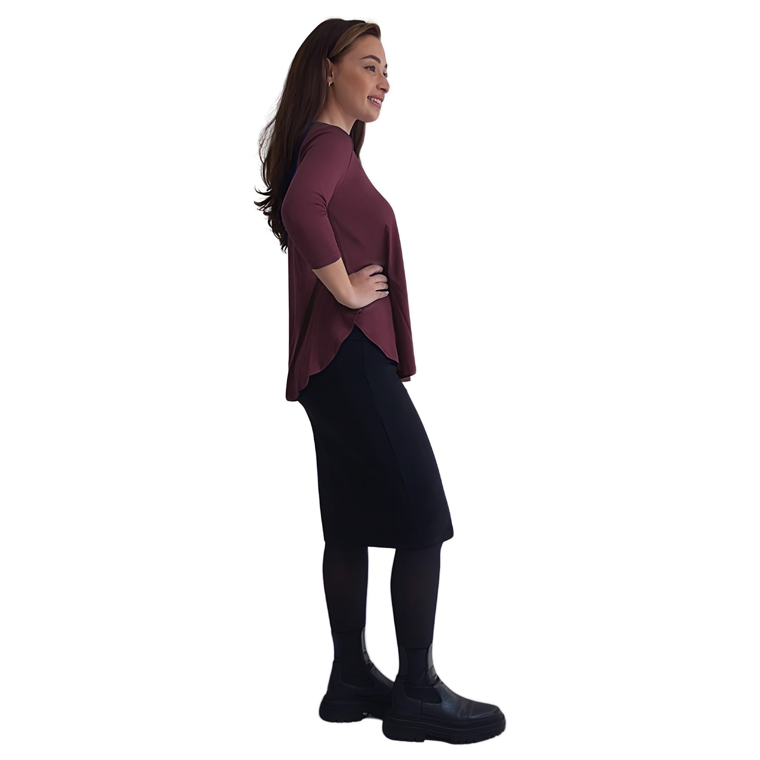 Curved Side Hem Tunic with 3/4 Sleeves and Modest Crew Neckline