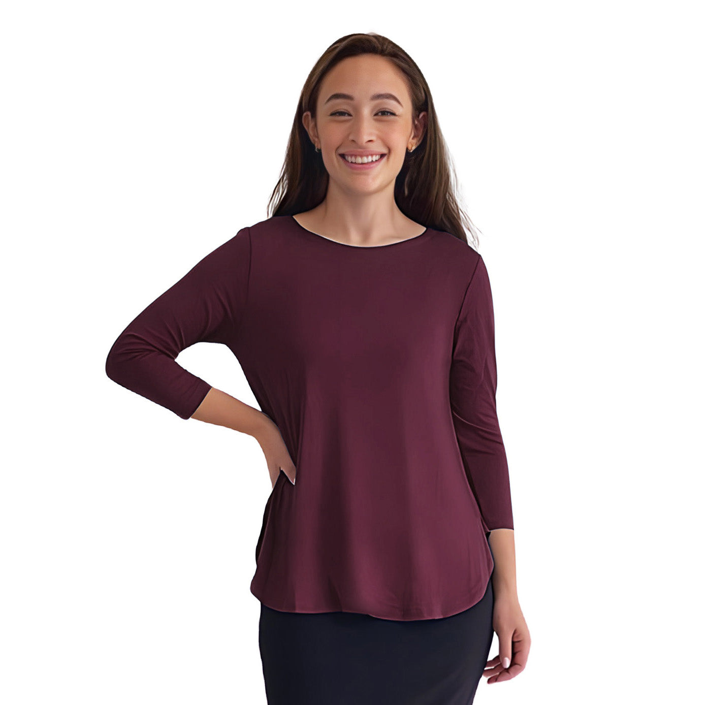 Curved Side Hem Tunic with 3/4 Sleeves and Modest Crew Neckline
