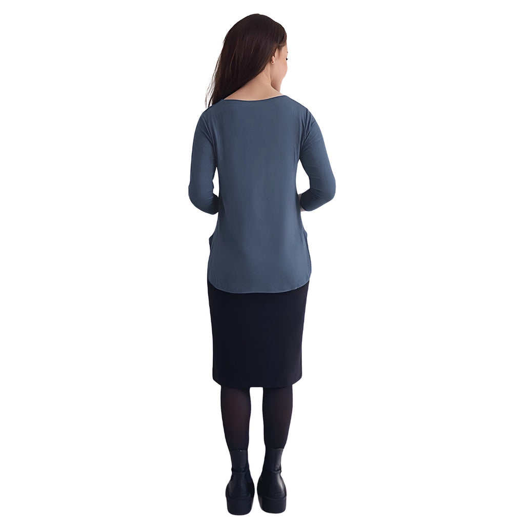 Curved Side Hem Tunic with 3/4 Sleeves and Modest Crew Neckline