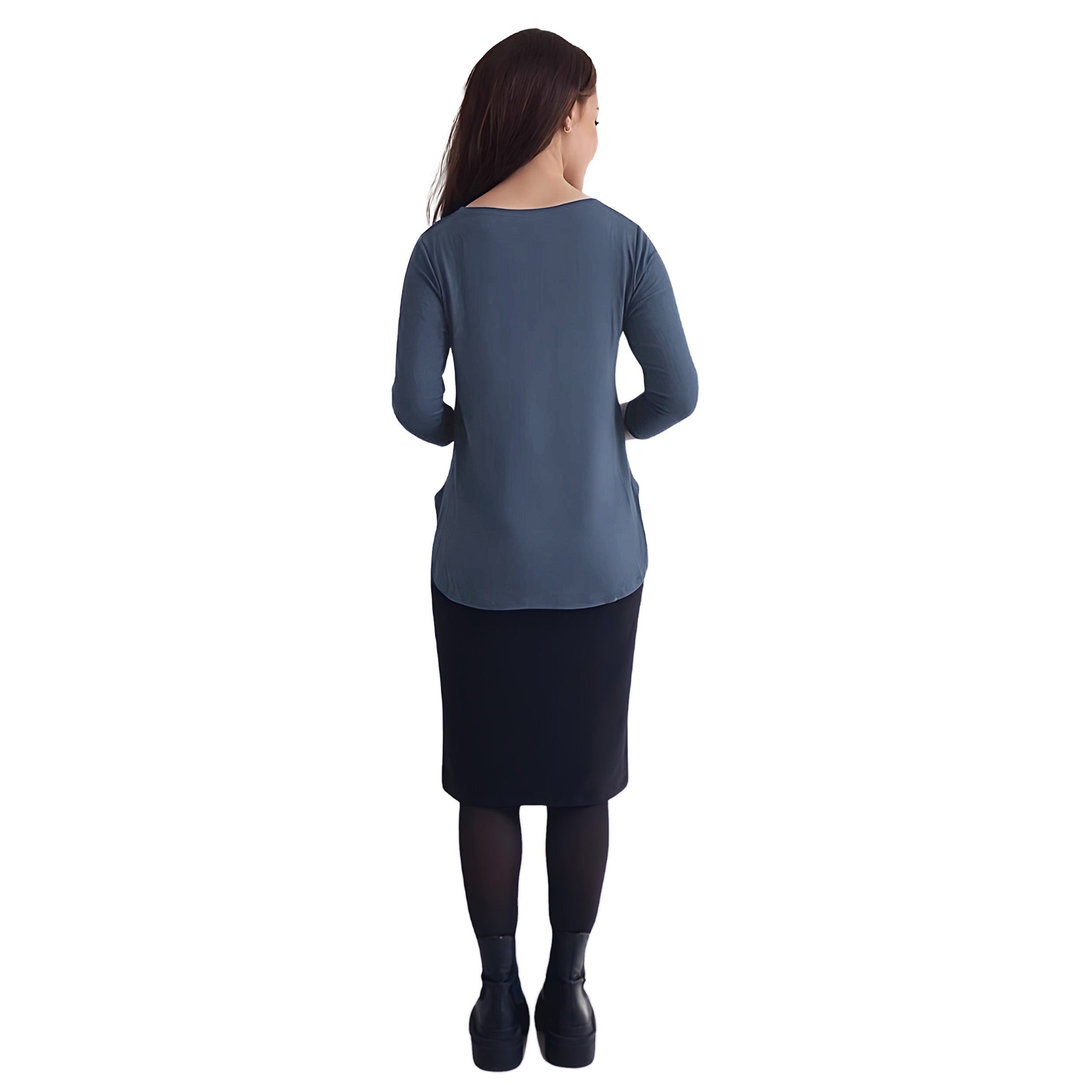 Curved Side Hem Tunic with 3/4 Sleeves and Modest Crew Neckline