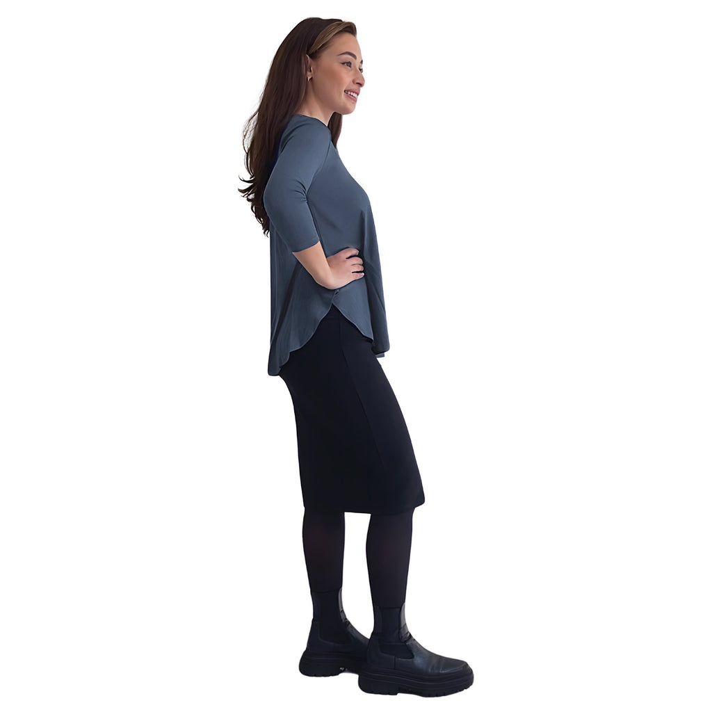 Curved Side Hem Tunic with 3/4 Sleeves and Modest Crew Neckline