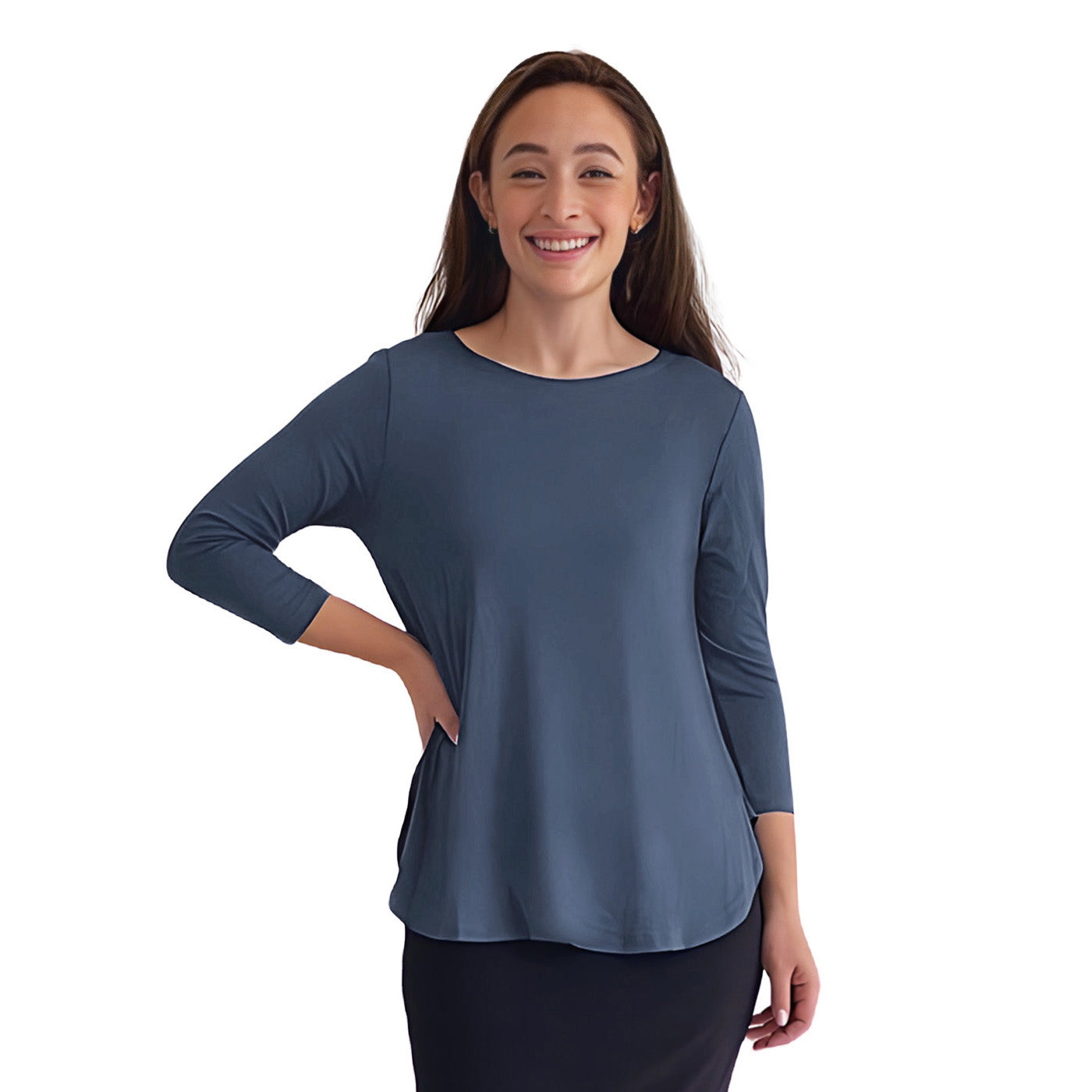 Curved Side Hem Tunic with 3/4 Sleeves and Modest Crew Neckline