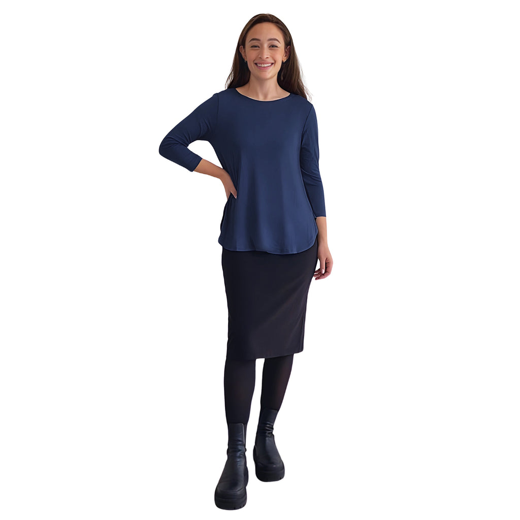 Curved Side Hem Tunic with 3/4 Sleeves and Modest Crew Neckline