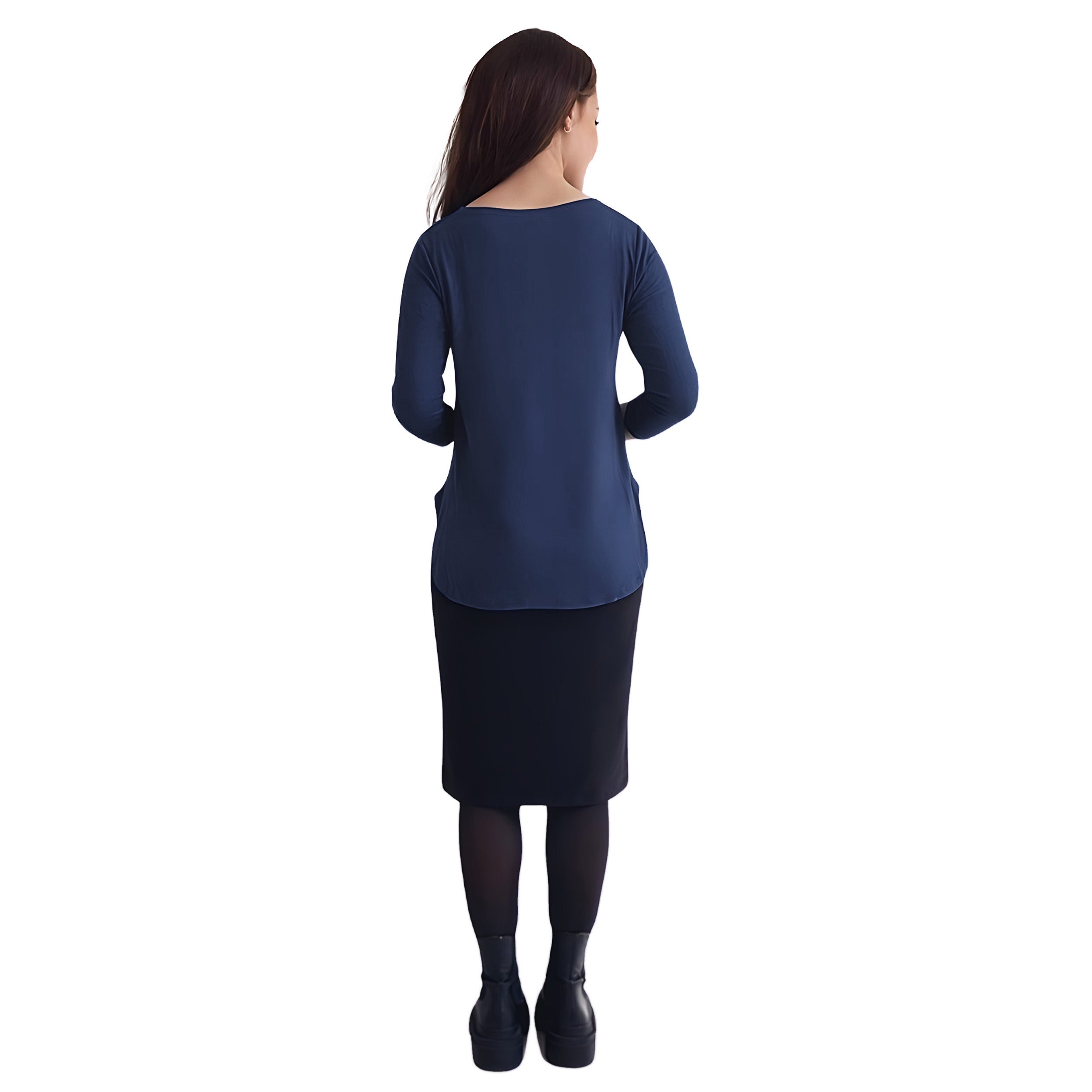 Curved Side Hem Tunic with 3/4 Sleeves and Modest Crew Neckline
