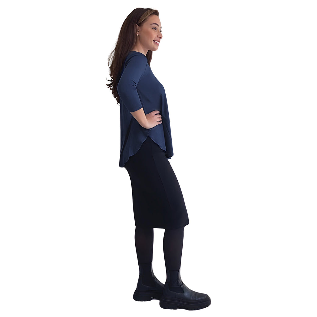 Curved Side Hem Tunic with 3/4 Sleeves and Modest Crew Neckline