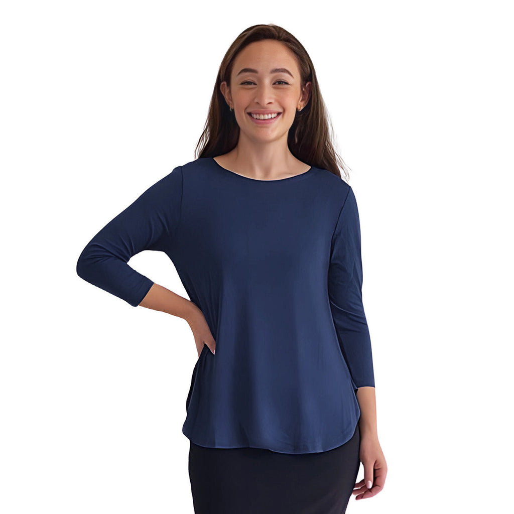 Curved Side Hem Tunic with 3/4 Sleeves and Modest Crew Neckline