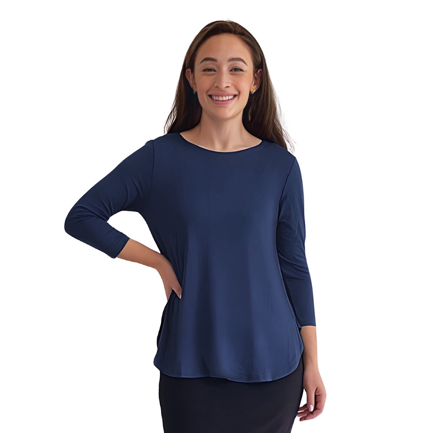 Curved Side Hem Tunic with 3/4 Sleeves and Modest Crew Neckline