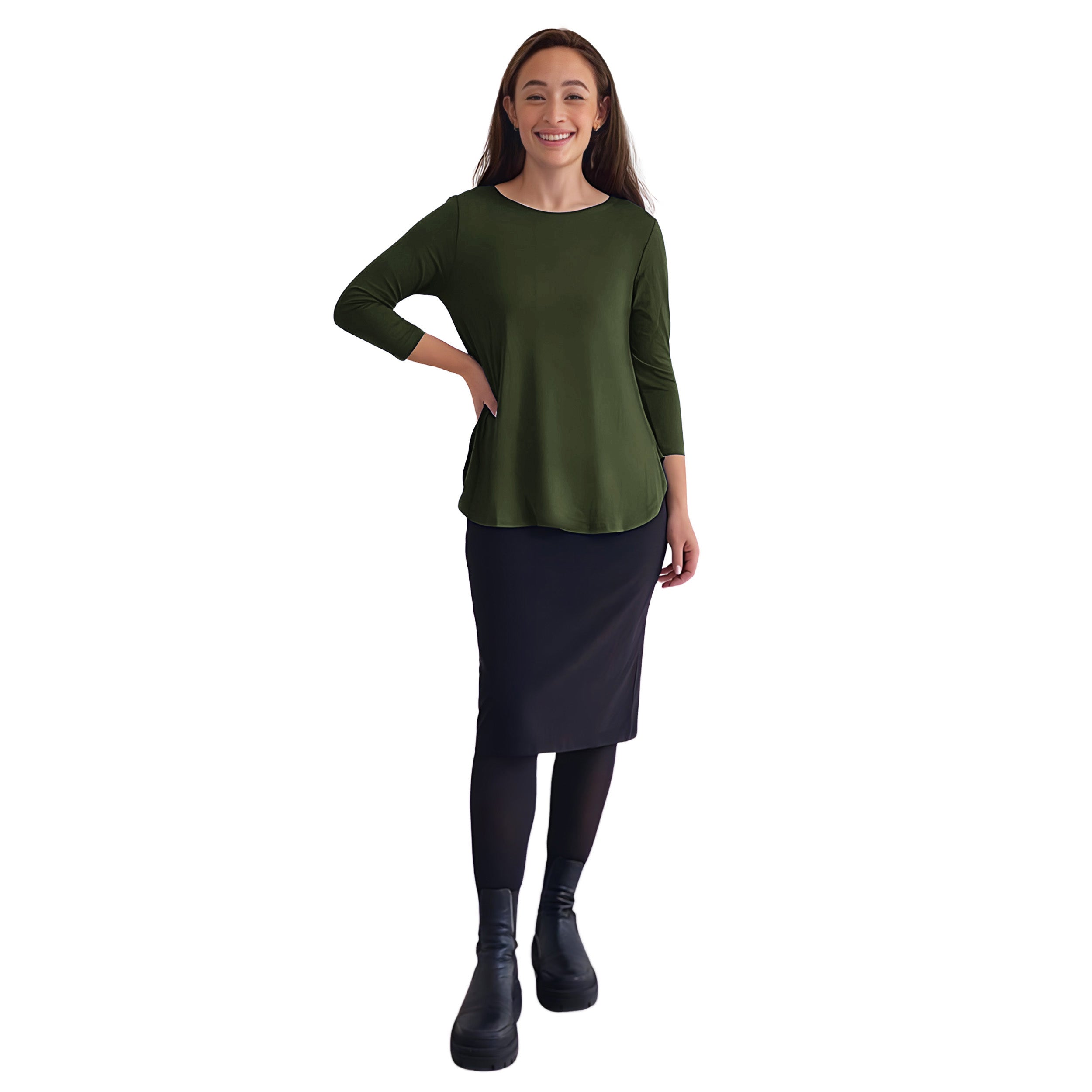 Curved Side Hem Tunic with 3/4 Sleeves and Modest Crew Neckline