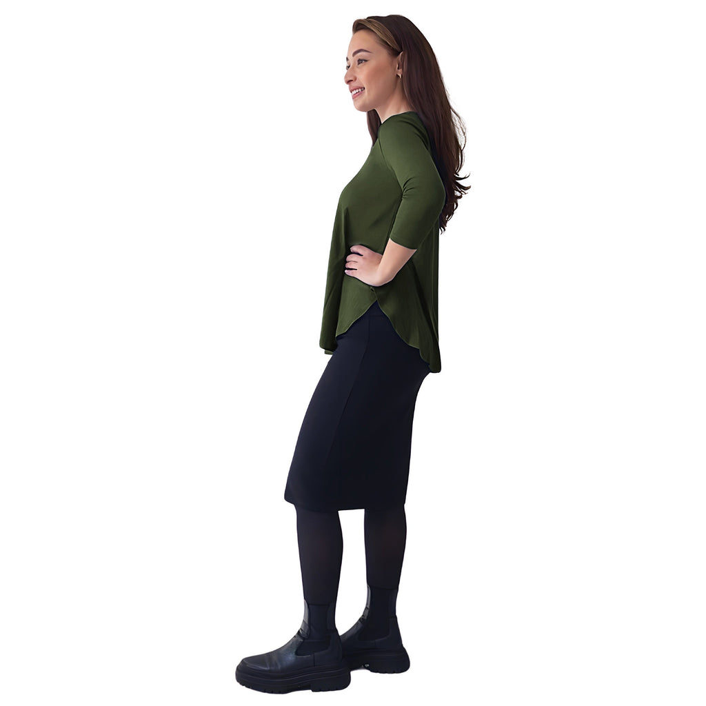 Curved Side Hem Tunic with 3/4 Sleeves and Modest Crew Neckline