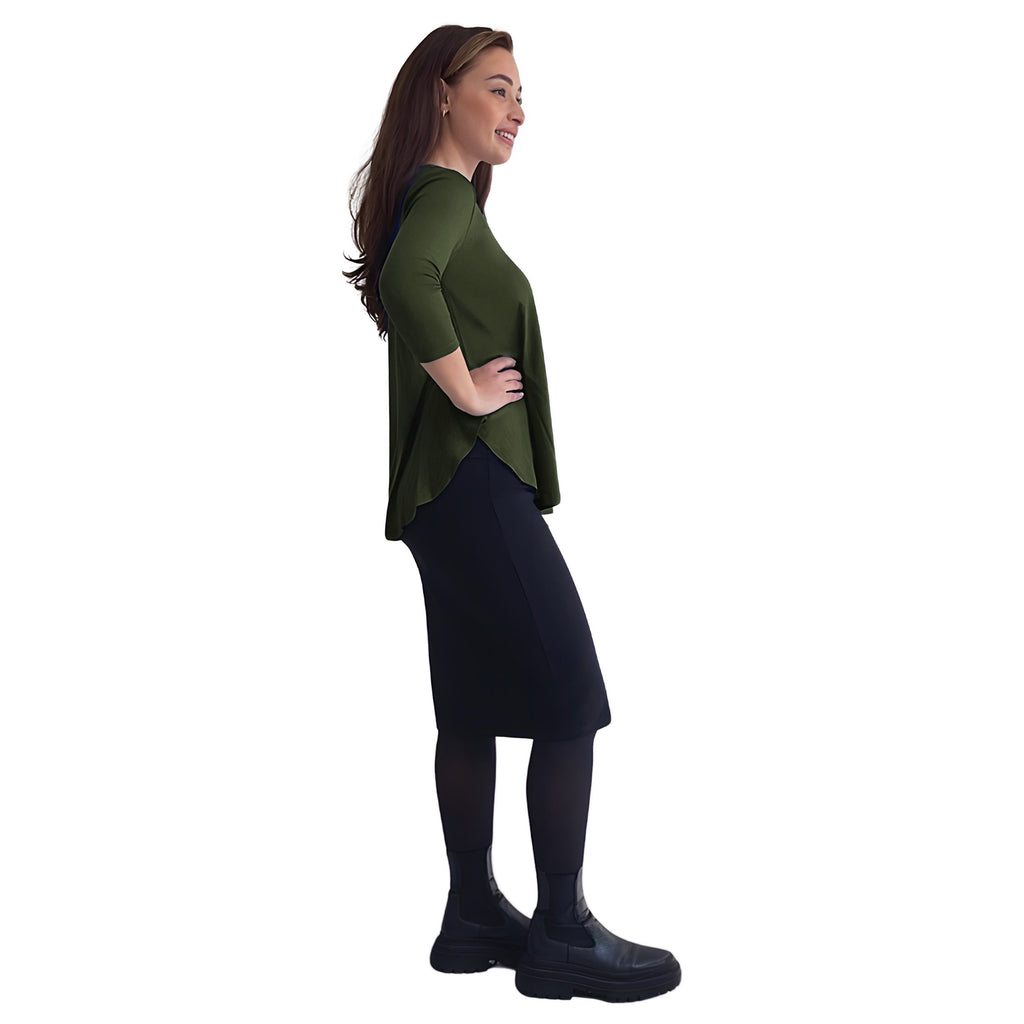 Curved Side Hem Tunic with 3/4 Sleeves and Modest Crew Neckline