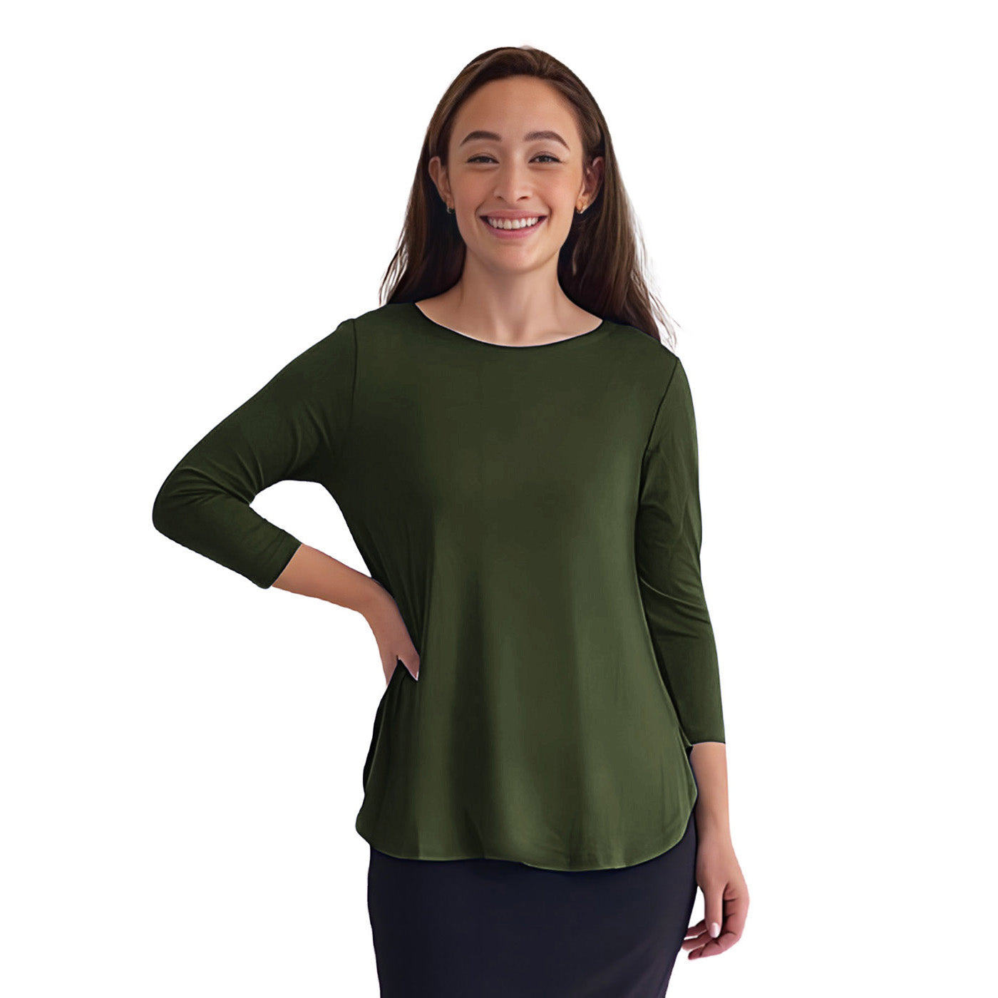 Curved Side Hem Tunic with 3/4 Sleeves and Modest Crew Neckline