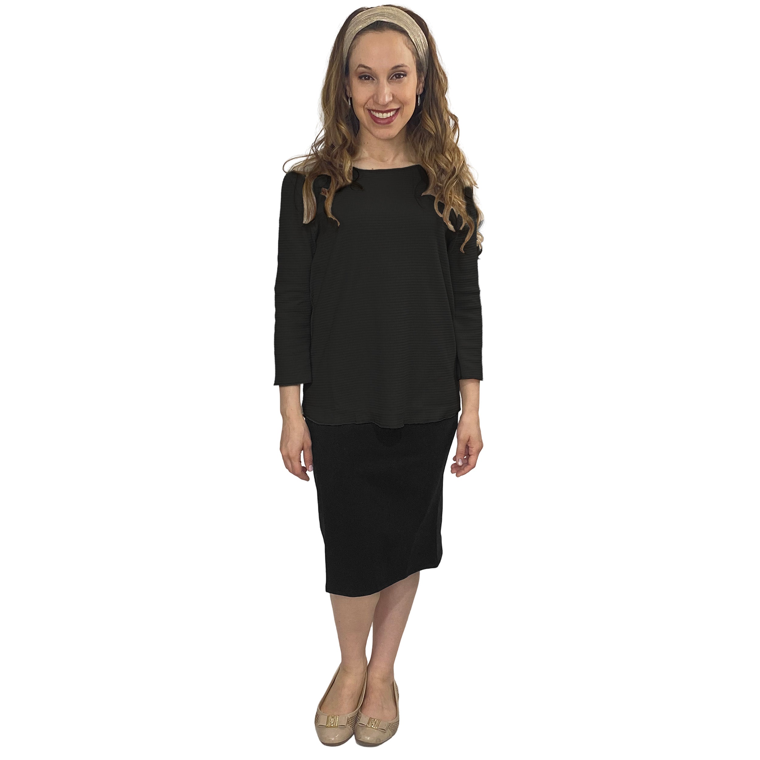 Cotton Waffle Knit Modest Top - 3/4 Sleeve with High Neckline