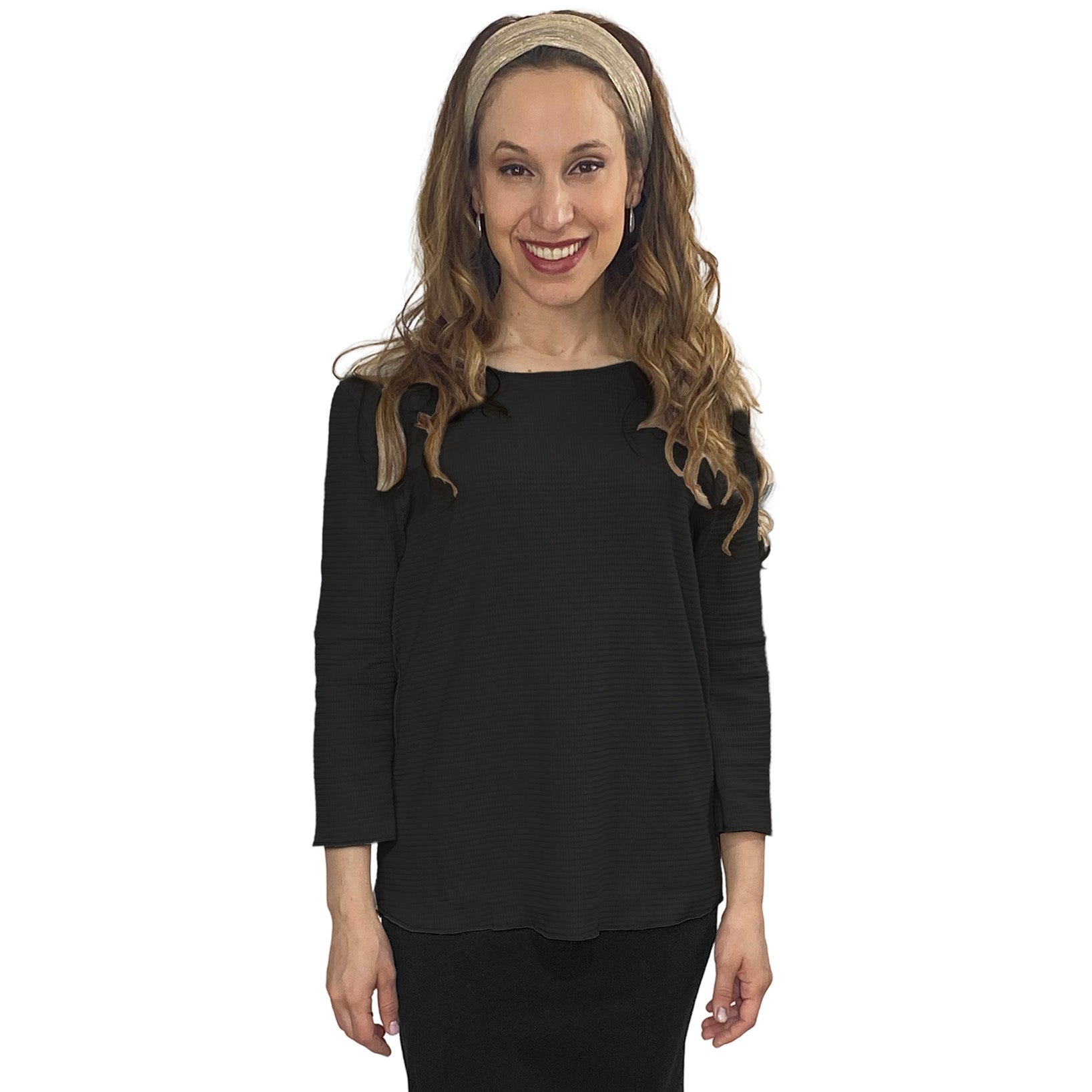 Cotton Waffle Knit Modest Top - 3/4 Sleeve with High Neckline