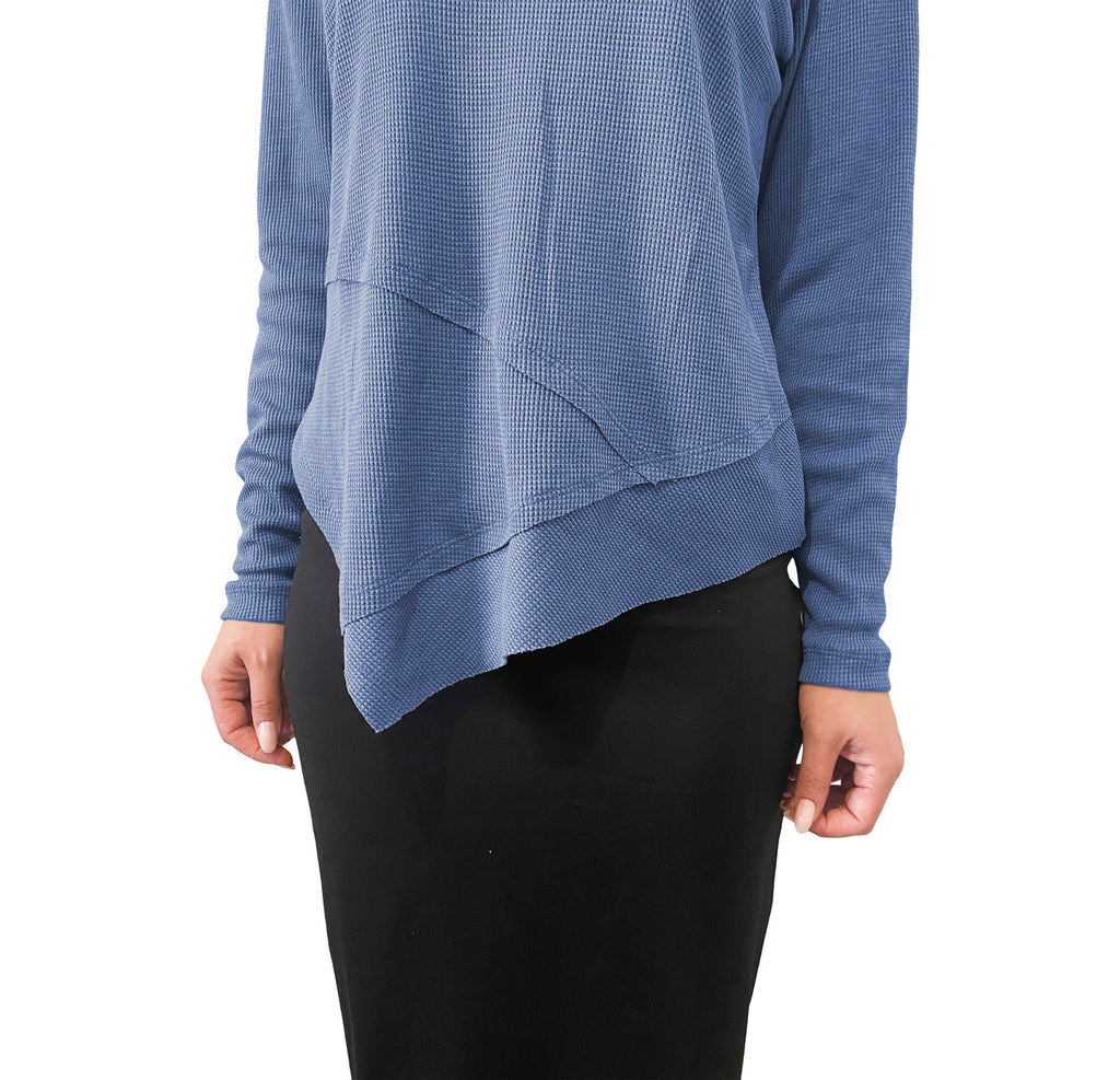 Modest High-Neck Waffle Tunic | Long Sleeve Comfort Top with Asymmetric Hem