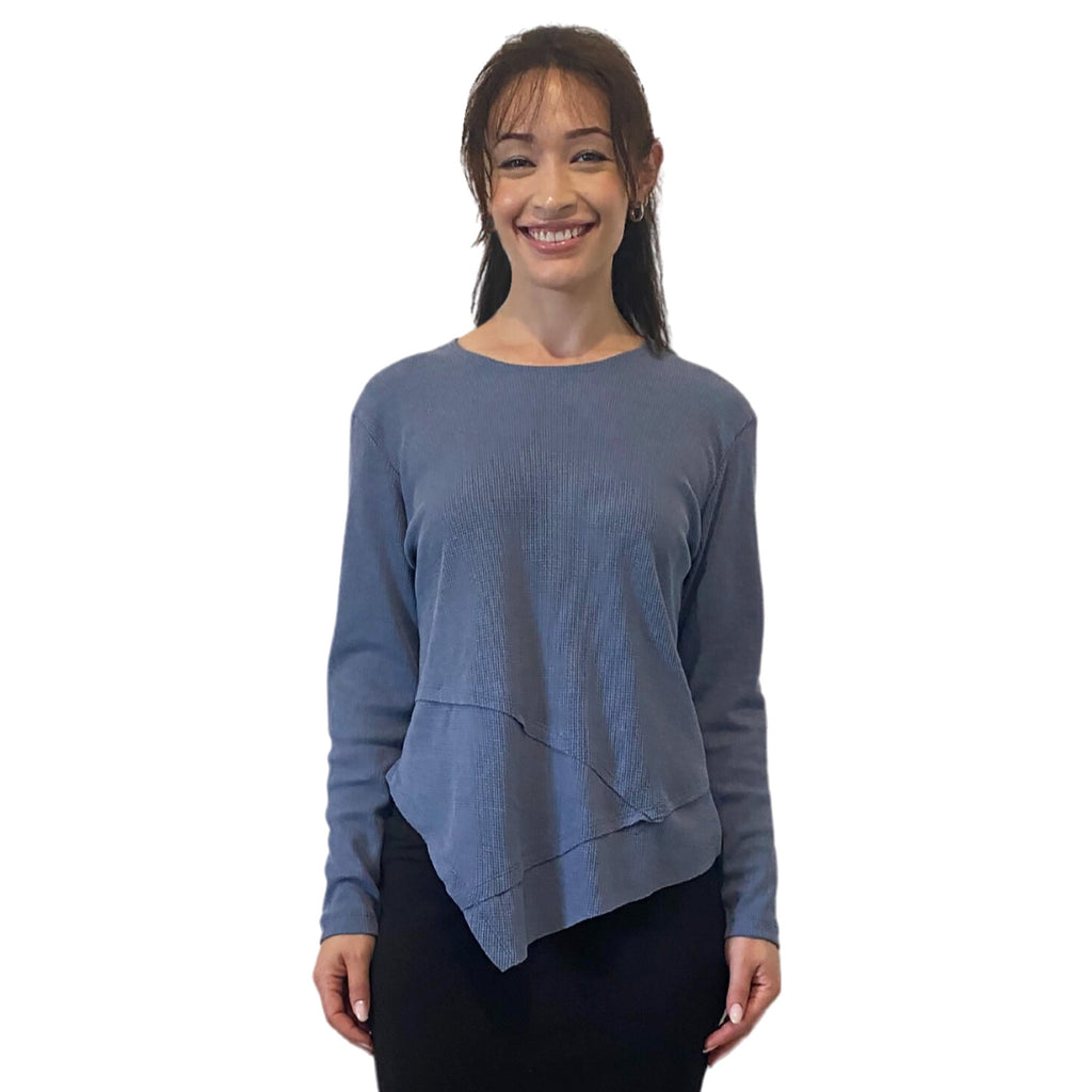 Modest High-Neck Waffle Tunic | Long Sleeve Comfort Top with Asymmetric Hem