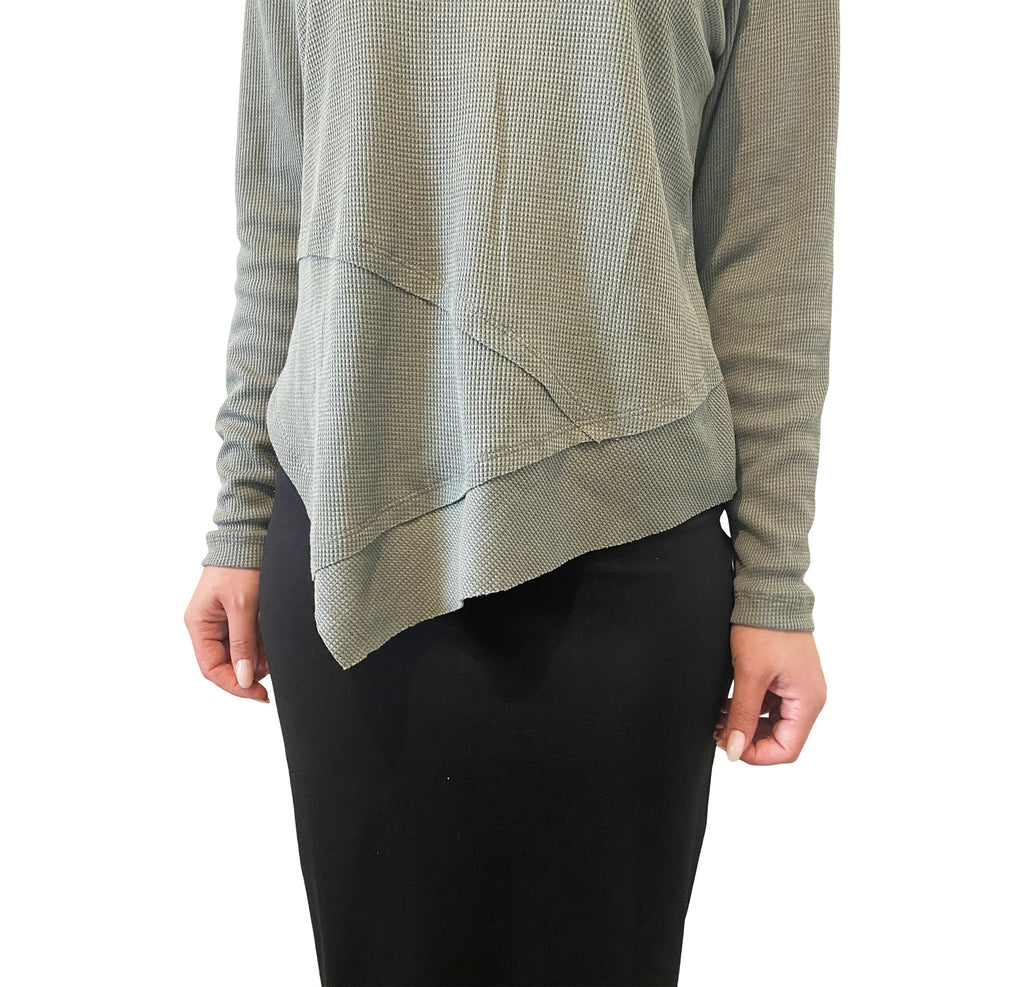 Modest High-Neck Waffle Tunic | Long Sleeve Comfort Top with Asymmetric Hem