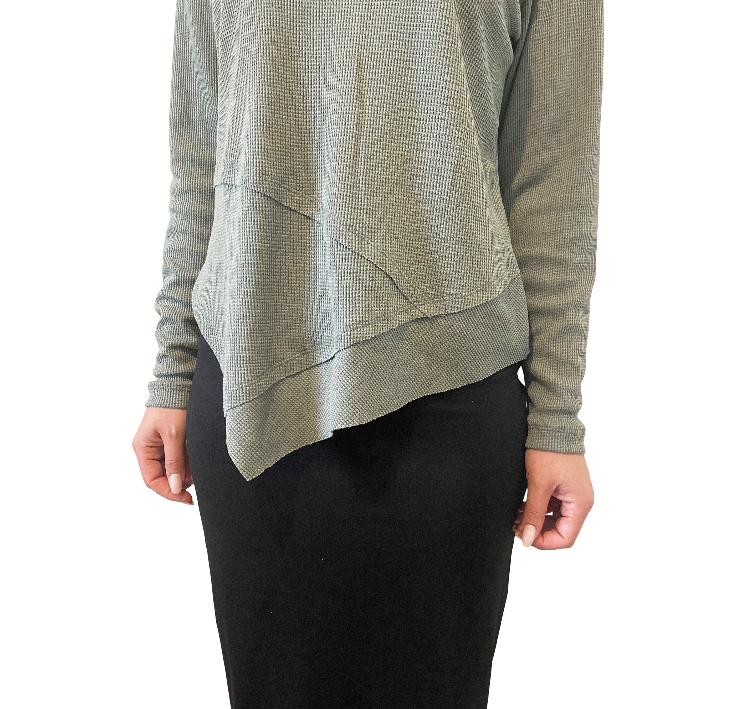 Modest High-Neck Waffle Tunic | Long Sleeve Comfort Top with Asymmetric Hem