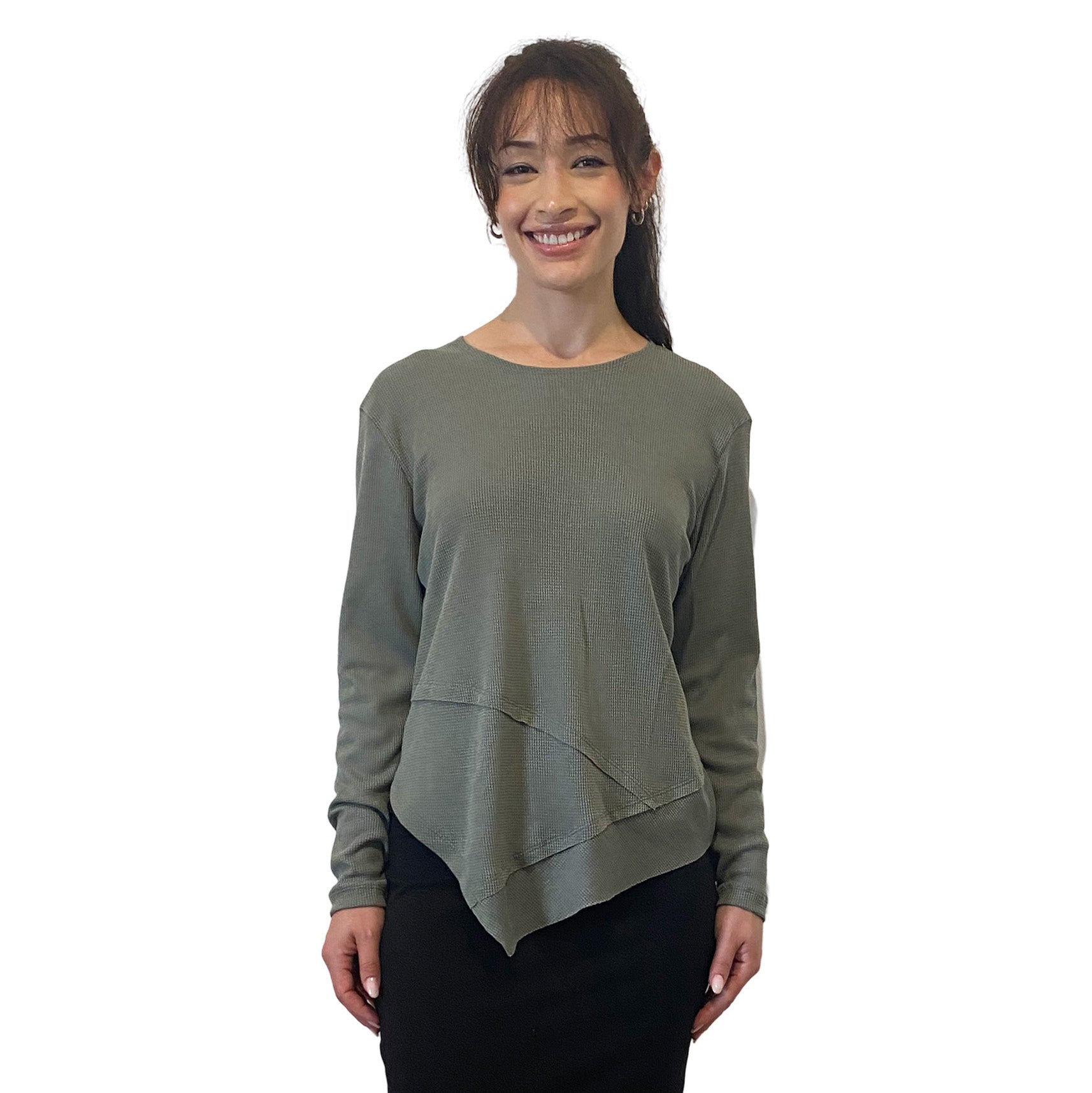 Modest High-Neck Waffle Tunic | Long Sleeve Comfort Top with Asymmetric Hem