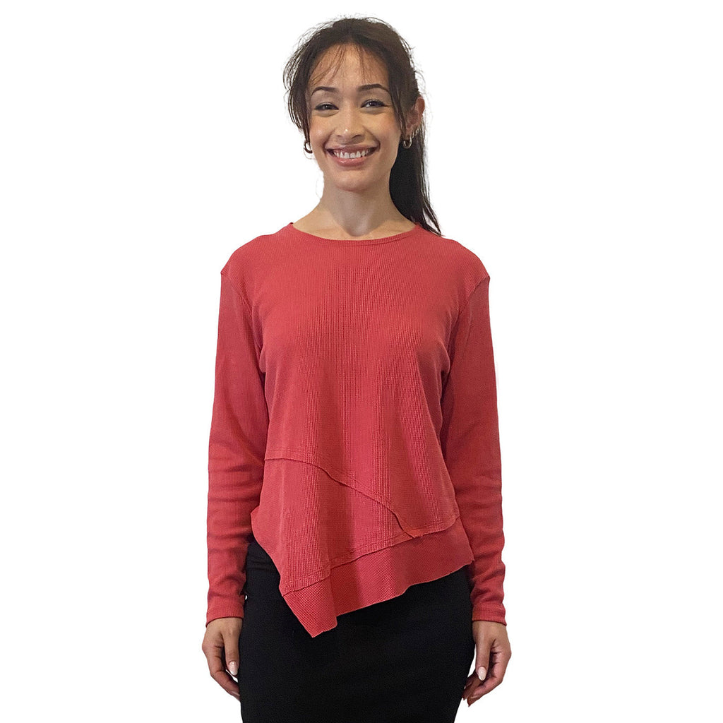 Modest High-Neck Waffle Tunic | Long Sleeve Comfort Top with Asymmetric Hem