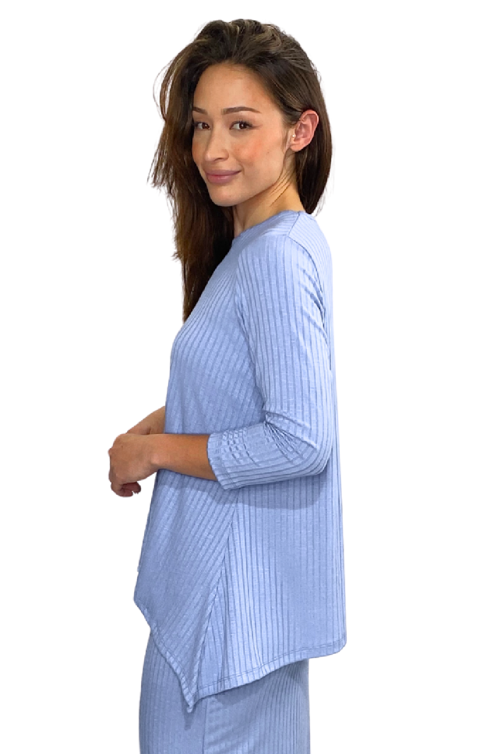 Popular Wide-Ribbed Handkerchief Hem Tunic with 3/4 Sleeves