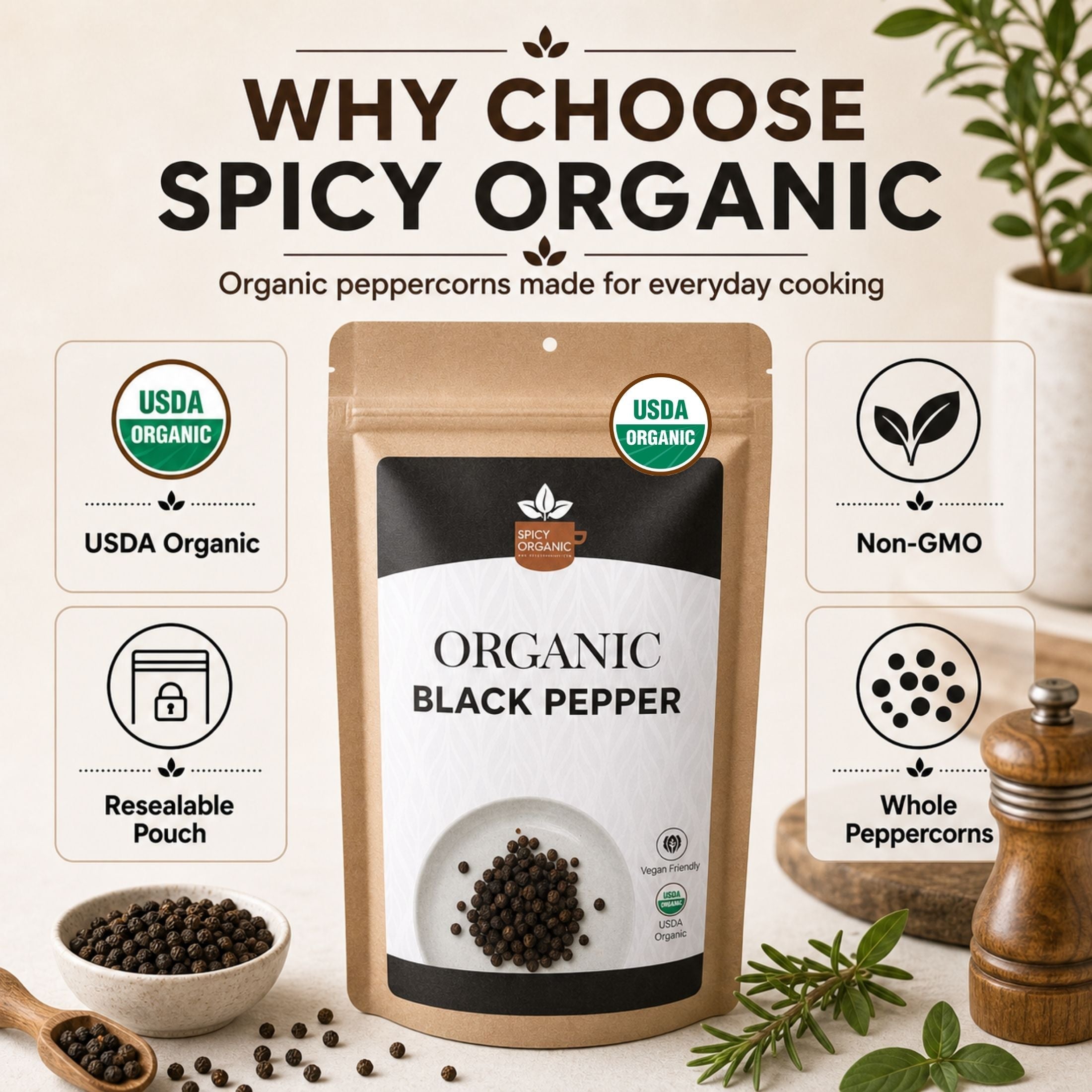Organic Black Peppercorns — USDA Certified, Non-GMO | Grinding, Marinades & Spice Blends