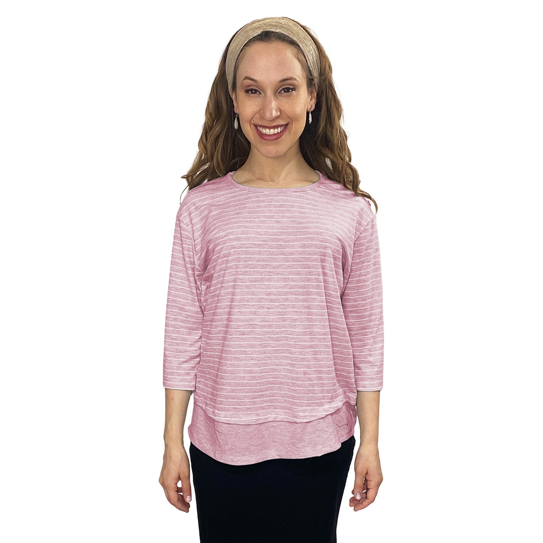 3/4 Sleeve Modest Striped Rib Knit Top with Solid Panel - Hip Length Casual Comfort