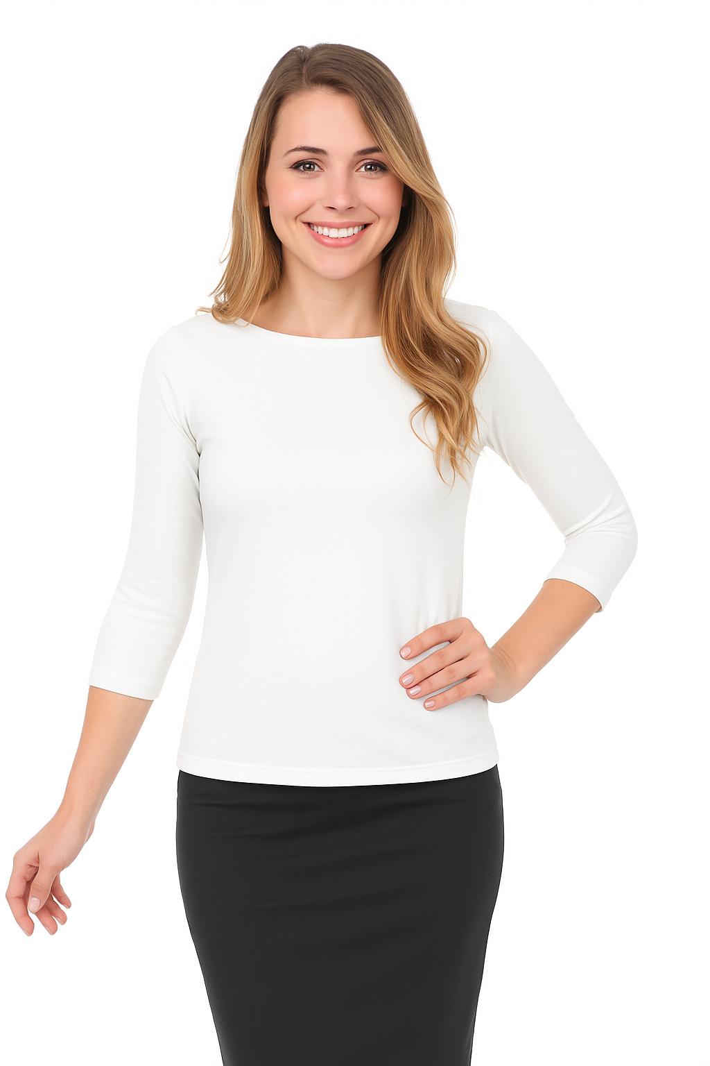 Fitted 3/4 Sleeve Layering Shell - High Round Neckline Slim-Fit Undershirt