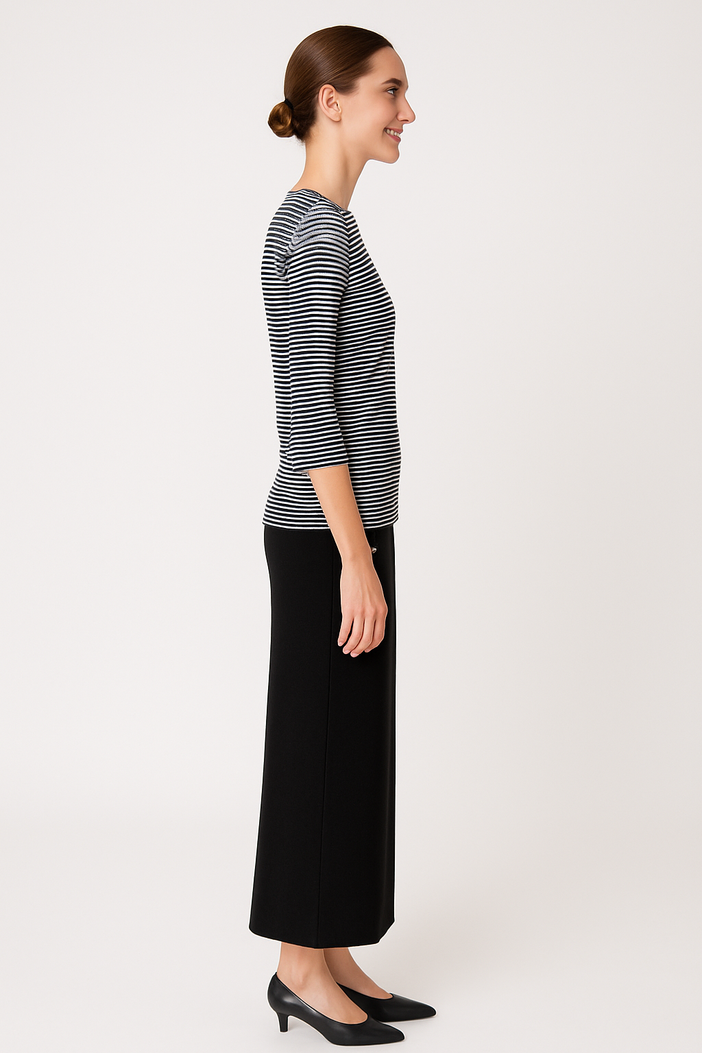 High Neck Fitted Tee - Lightweight Ribbed Top with Three Quarter Sleeves