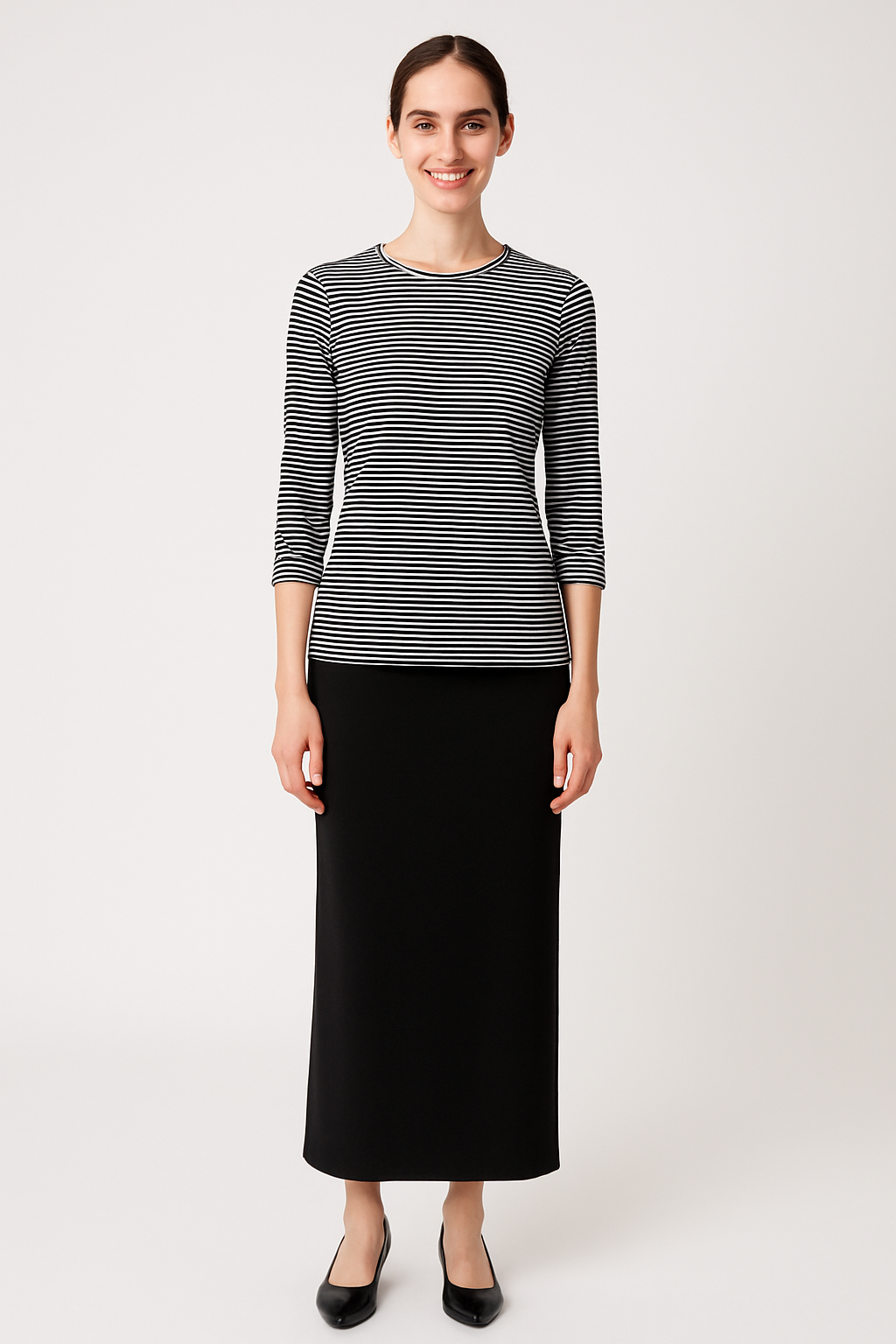 High Neck Fitted Tee - Lightweight Ribbed Top with Three Quarter Sleeves