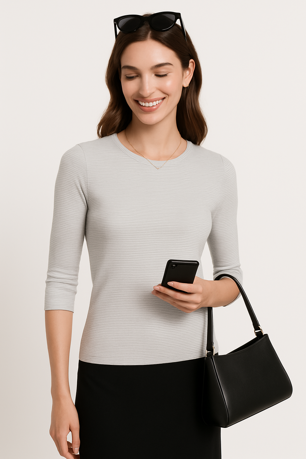 High Neck Fitted Tee - Lightweight Ribbed Top with Three Quarter Sleeves